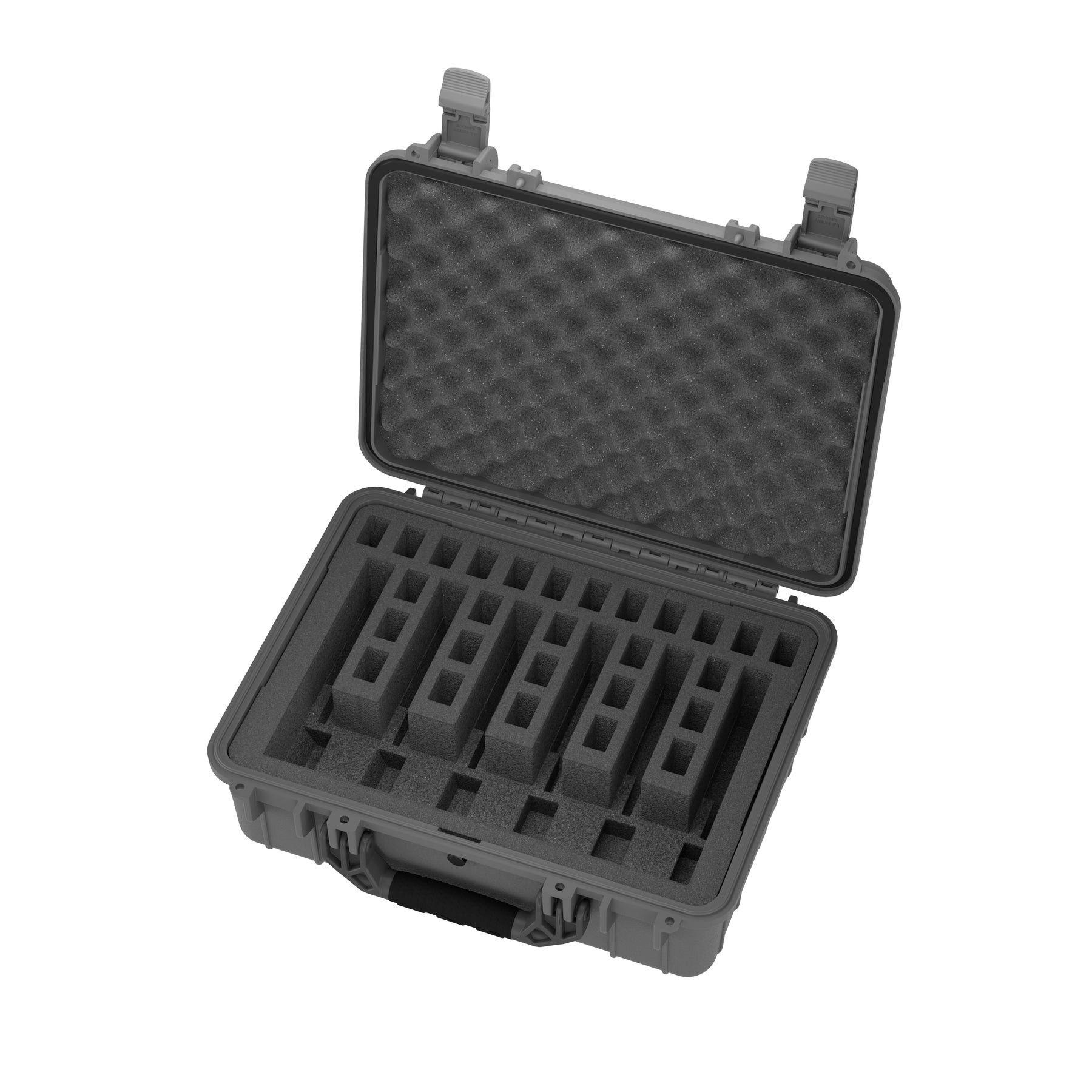 Alt text: "Open 20-inch hard-shell pistol case with custom foam inserts for securing six pistols, featuring durable clasps and protective egg-crate foam lining in the lid."