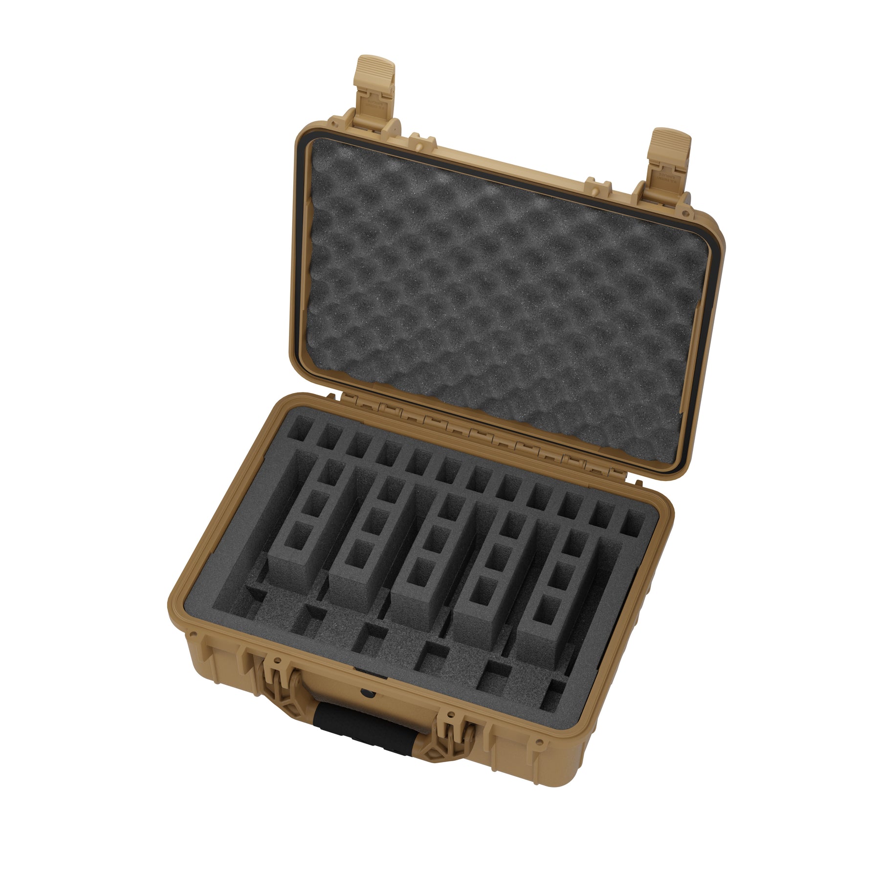 Open 20-inch tan pistol case displaying foam inserts designed to securely hold six pistols, with durable latches and egg-crate foam padding in the lid.