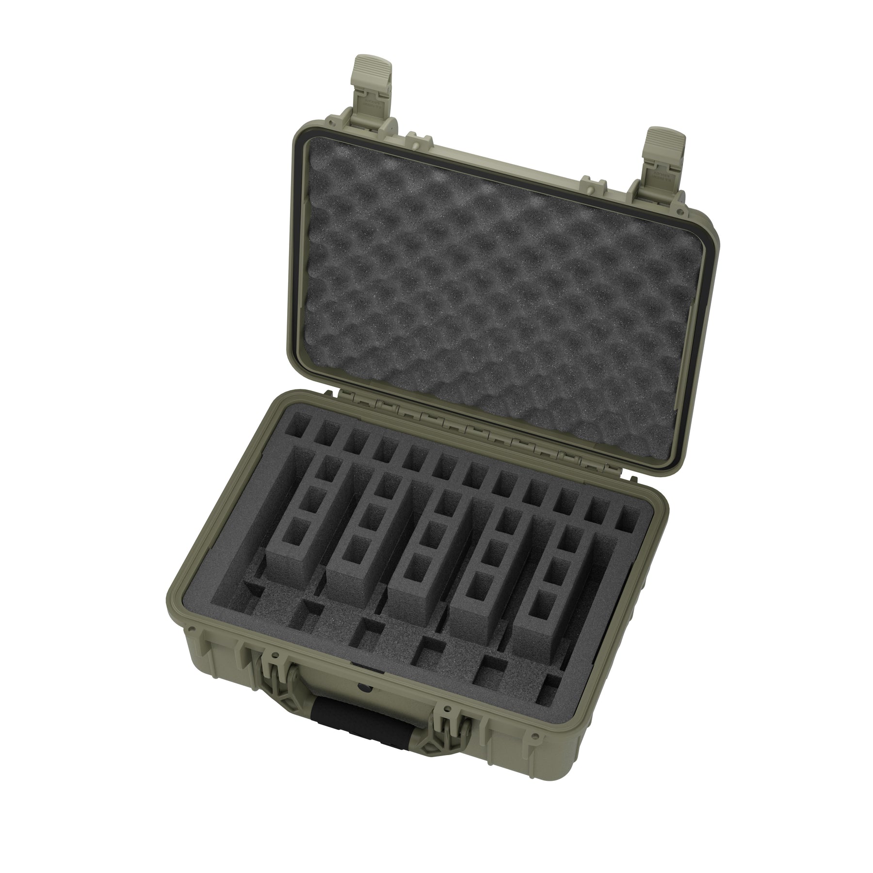 "20-inch green hardshell pistol case open to show foam inserts designed to hold six pistols, featuring secure latches and egg-crate foam padding in the lid for protection."