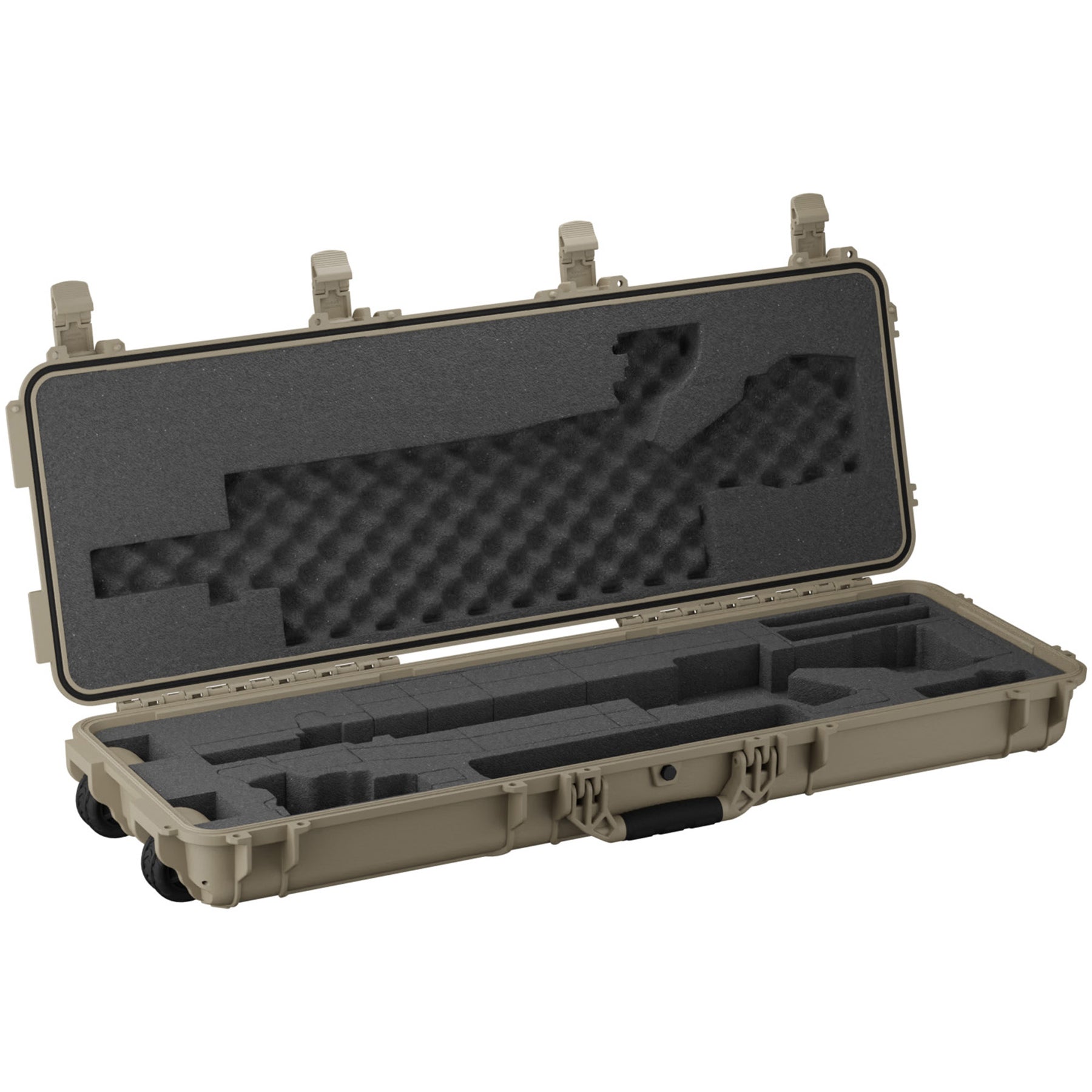 Open 45" AR10 case with foam interior, designed for firearm storage and transport, featuring secure latches and protective padding.