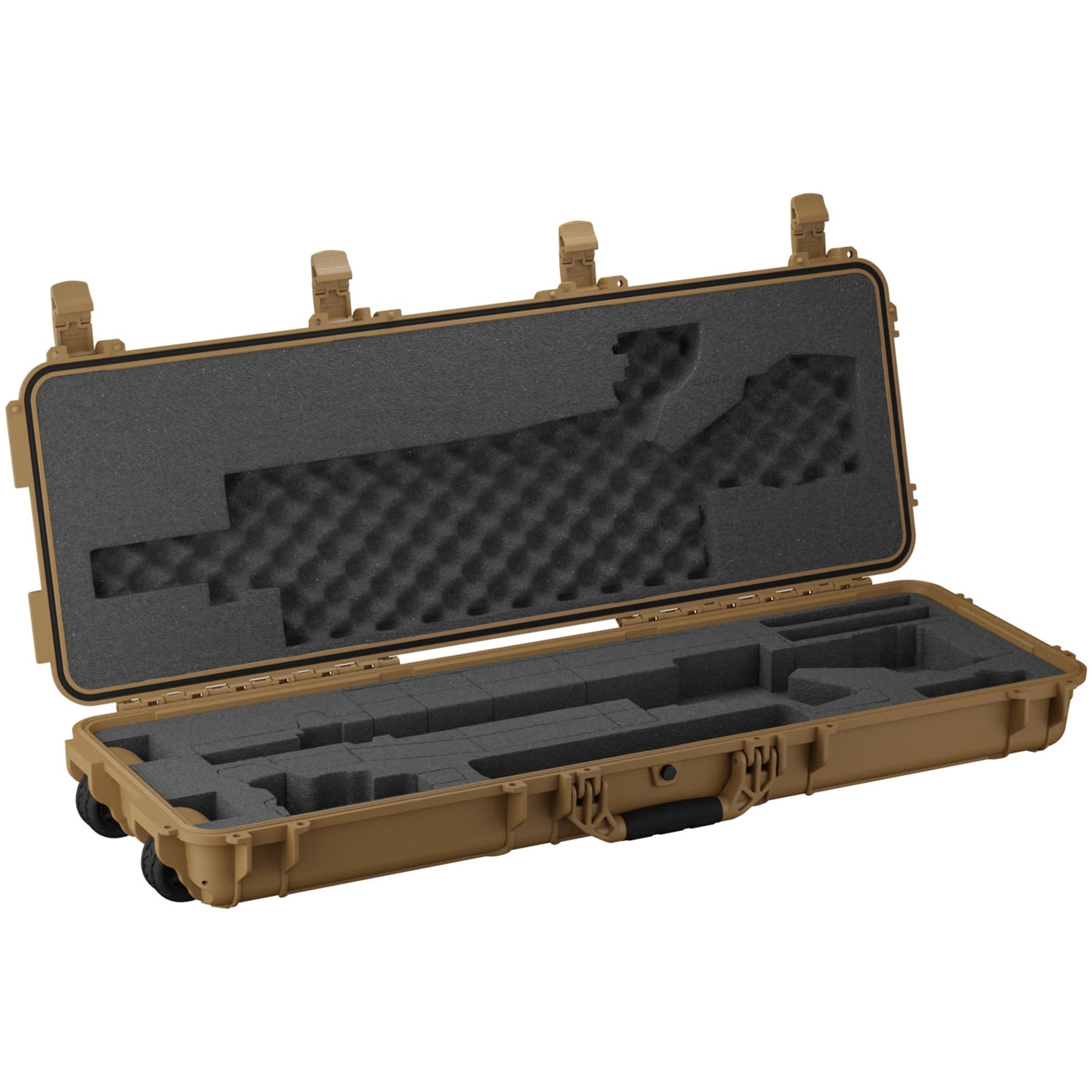 Open tan hard case with foam interior designed for a 45" AR10 rifle, featuring custom-cut compartments and secure latches.