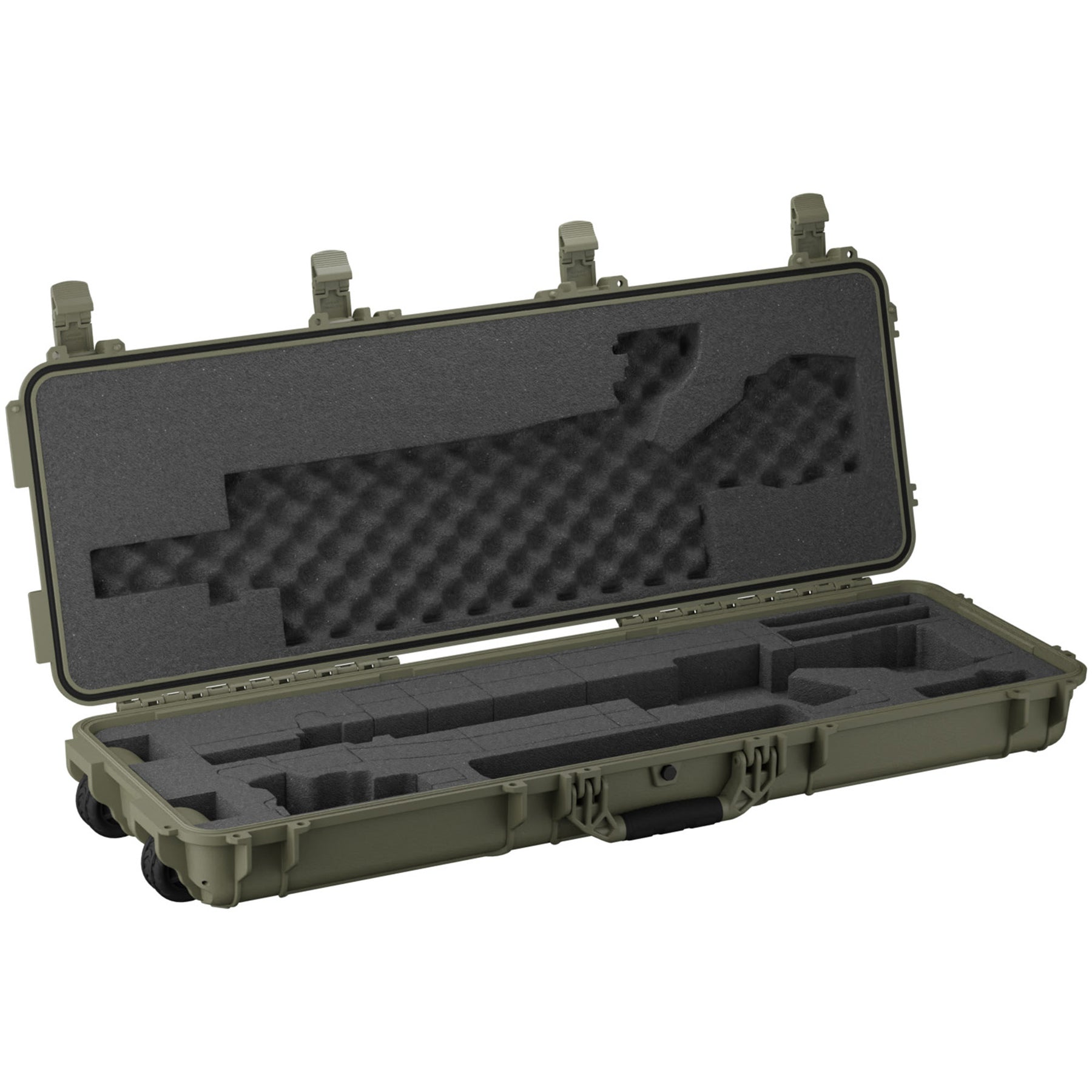 Open 45" AR10 case with foam interior, designed for firearm storage and transport, featuring secure latches and wheels.