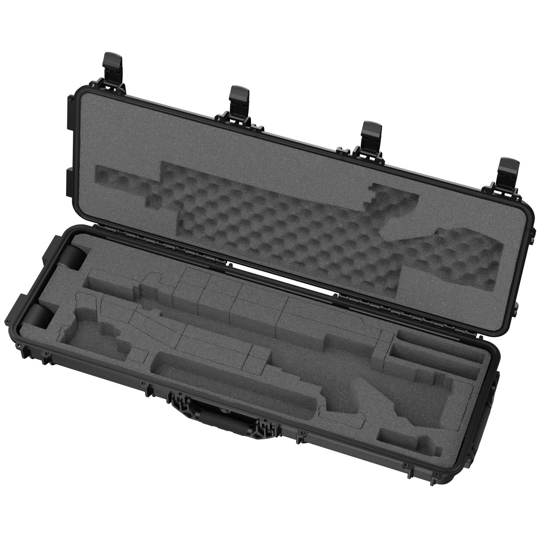 Open black 45" AR10 case with foam interior and custom compartments for firearm storage and accessories.