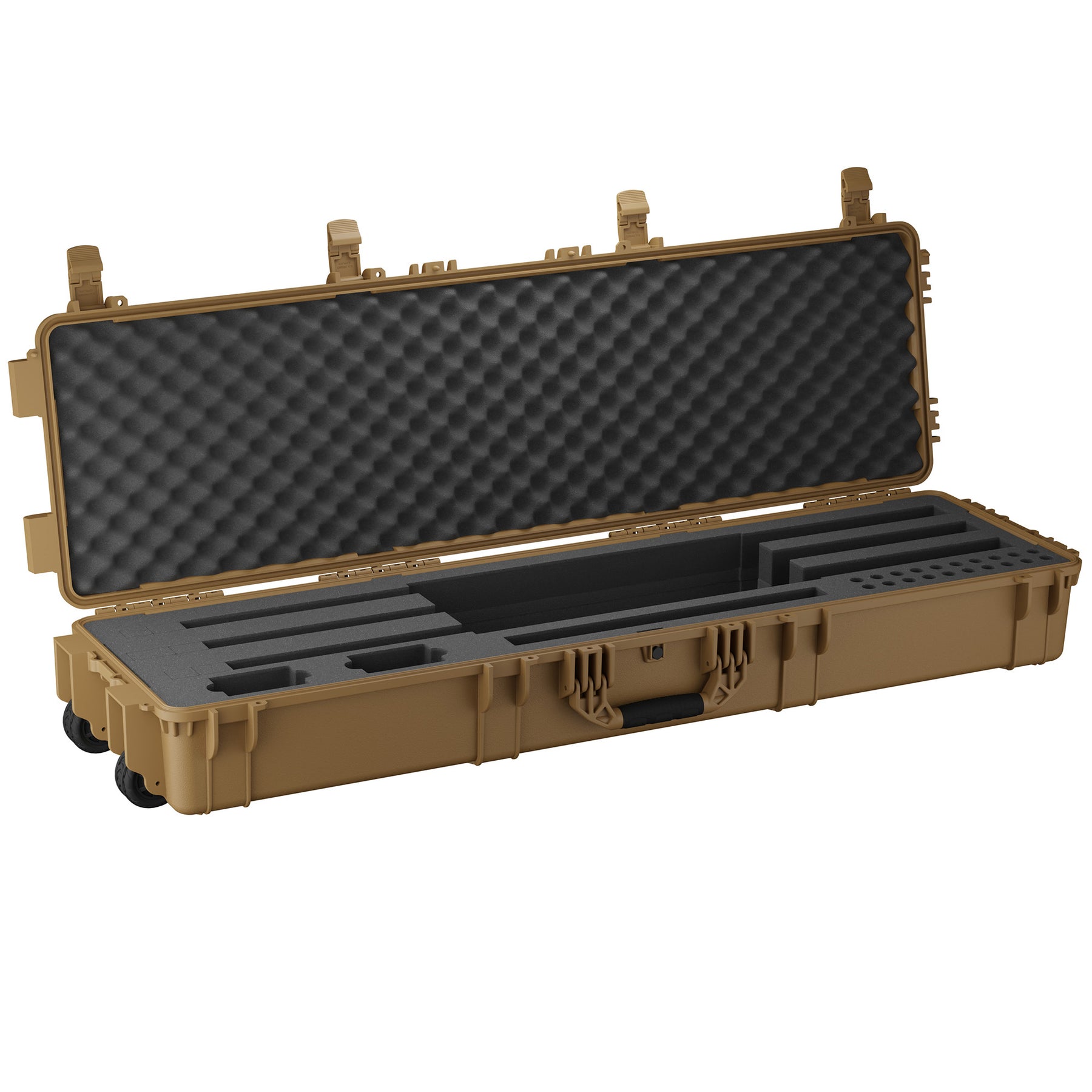 Open tan 55-inch shotgun case with foam interior, designed for securely storing and transporting three shotguns.