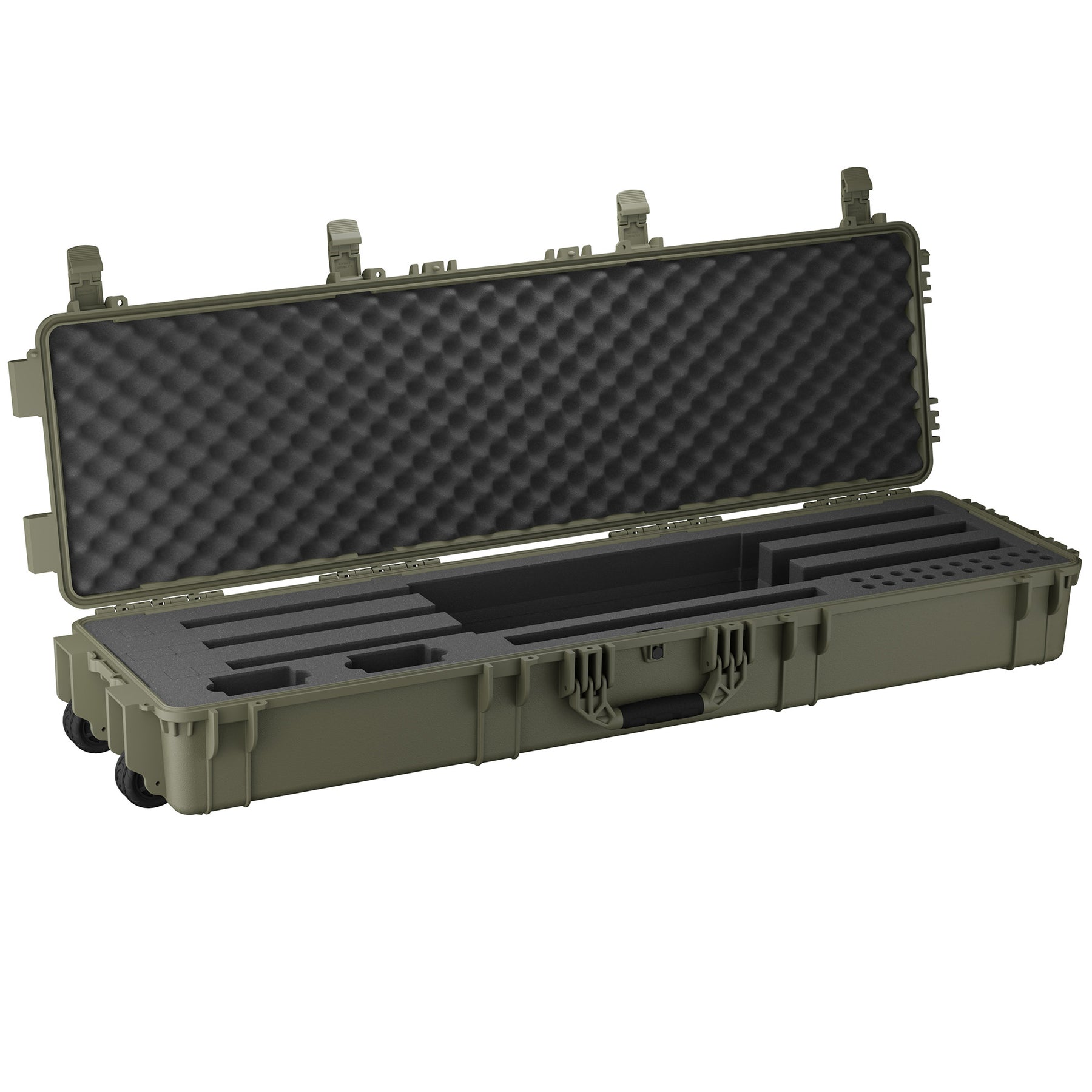 Open 55-inch green shotgun case with foam interior and compartments for three shotguns, foam padding, and secure latches.