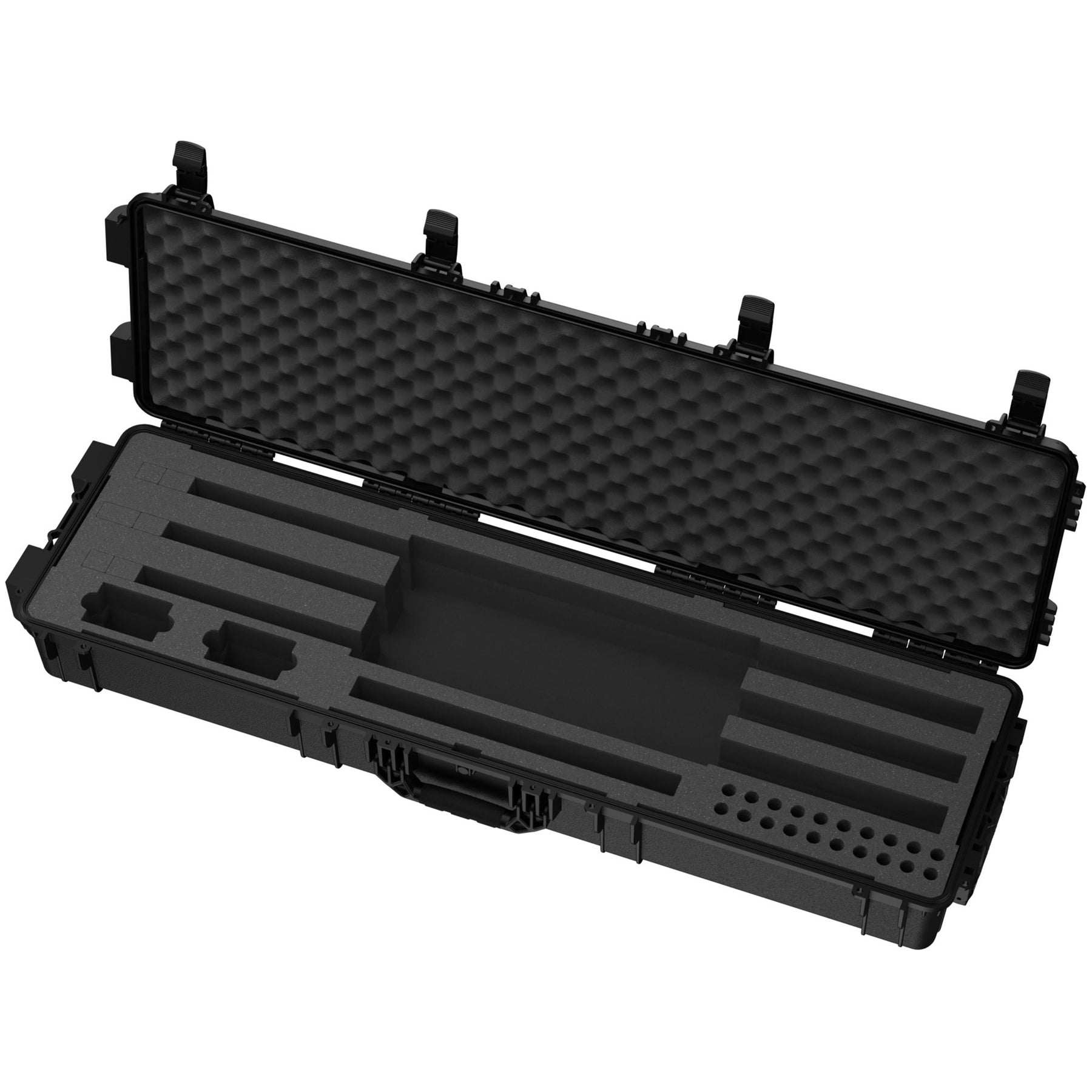 Open black 55" 3 shotgun case with foam padding and compartments for secure storage and transport of shotguns.