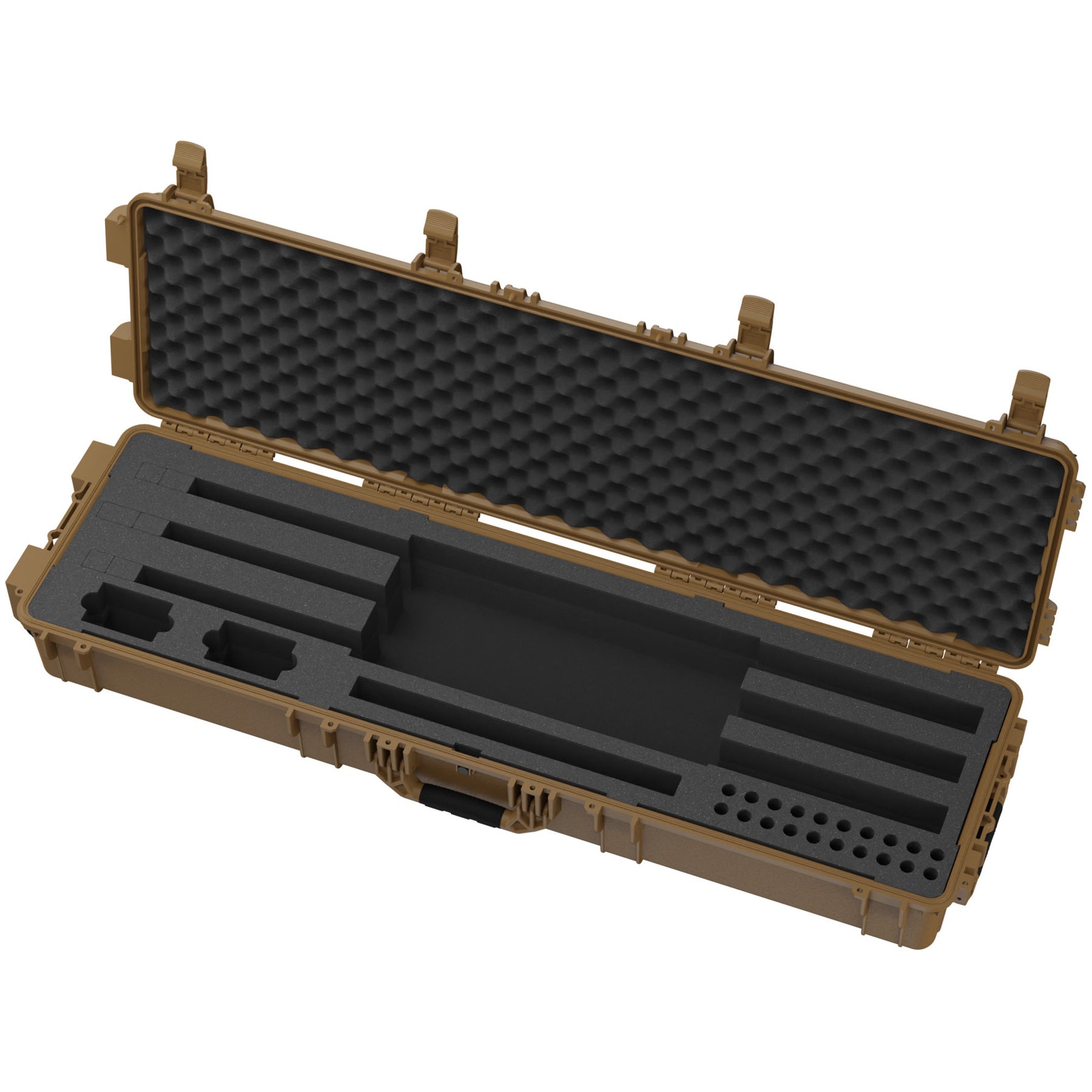 Hard tan 55-inch case with foam interior designed to hold three shotguns securely, featuring customizable foam inserts.