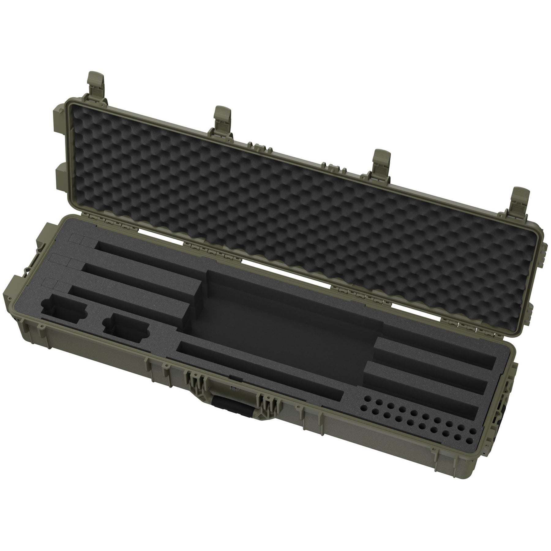 Green 55-inch shotgun case with foam interior and adjustable compartments for secure firearm storage and transport.
