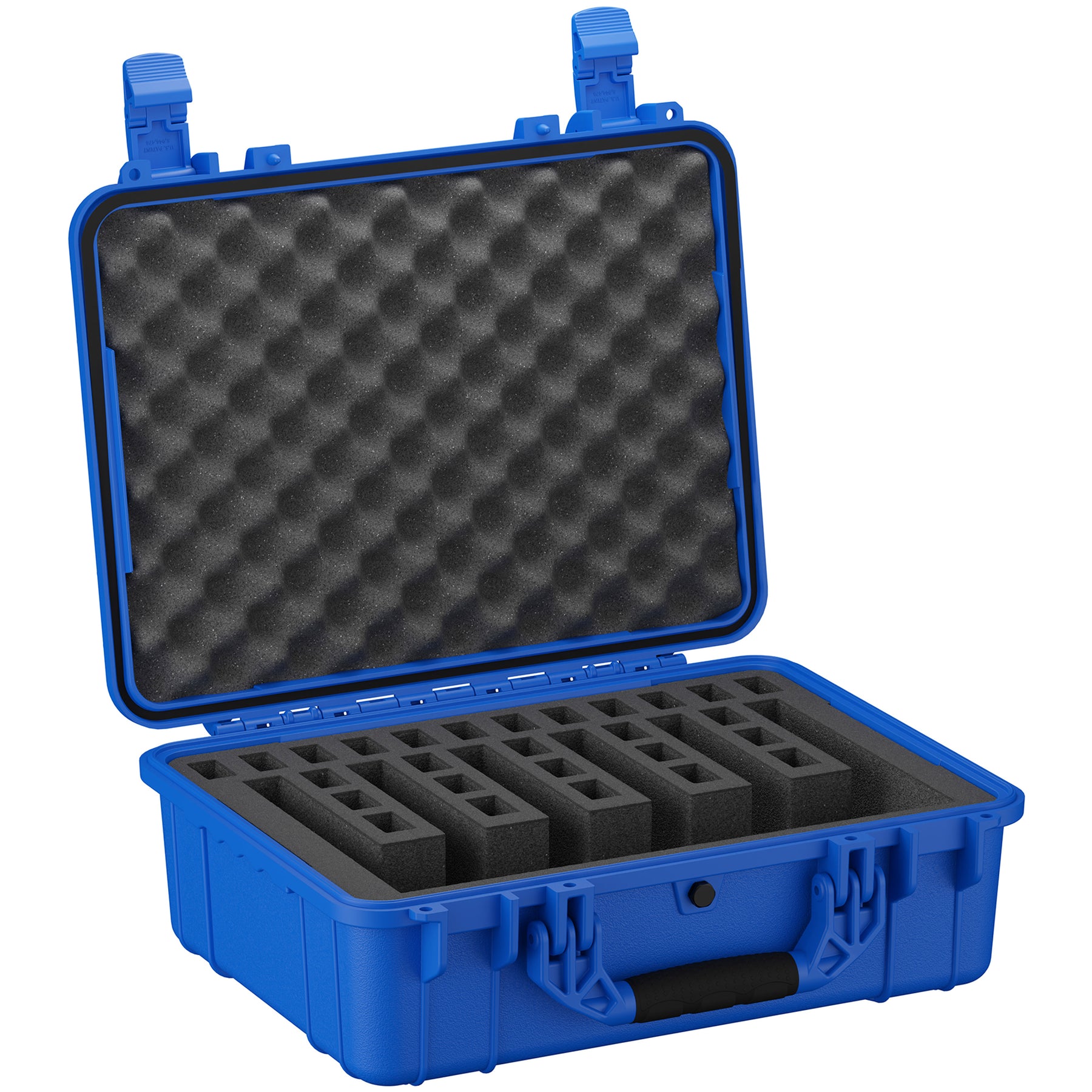 Blue 20-inch hard pistol case open to show interior with customizable foam inserts for six pistols and convoluted foam lining in lid, featuring secure latches and durable exterior.