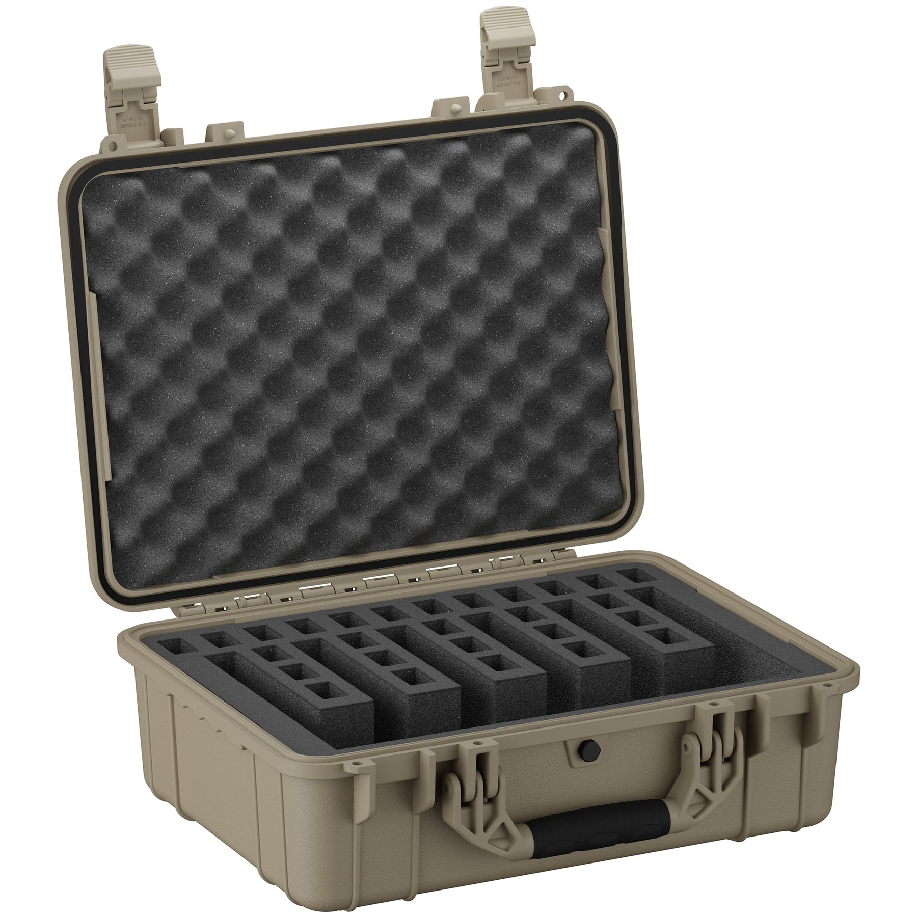 Alt text: "Open 20-inch tan 6-pistol case with egg-shell foam lid and customizable foam inserts inside, featuring durable locking latches on the side."