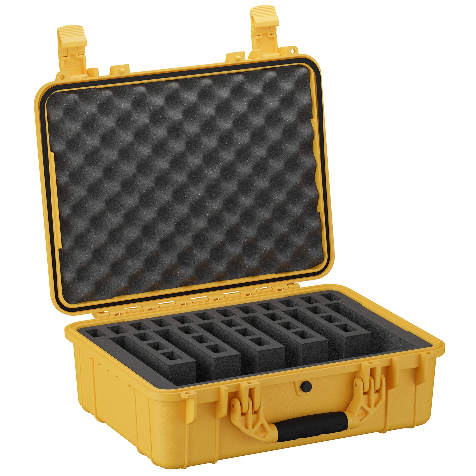 Yellow 20-inch pistol case with foam interior and adjustable compartments for storing six pistols securely.