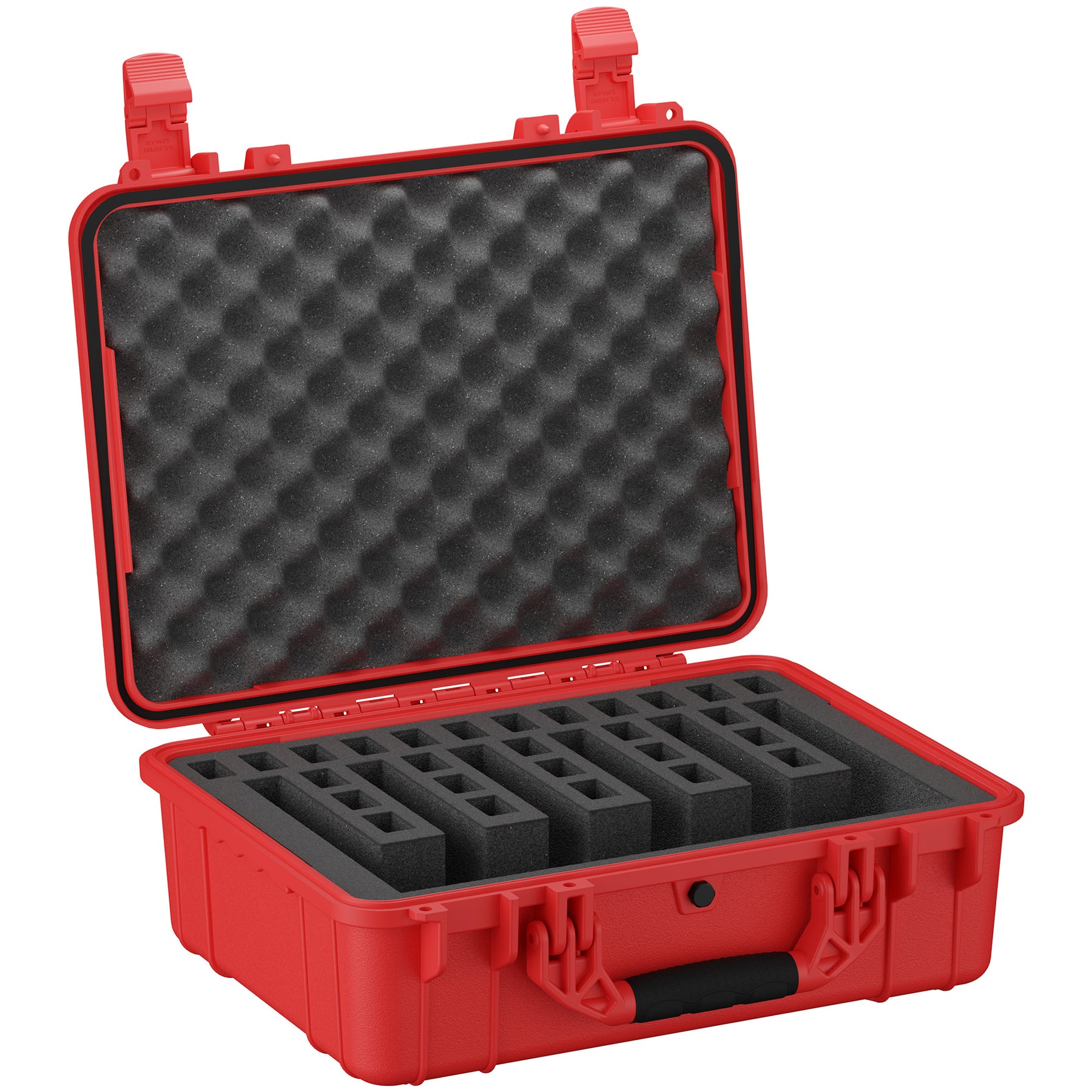 Alt text: "Red, 20-inch heavy-duty pistol case opened to reveal foam inserts customized for securing six pistols, featuring black foam padding in the lid and a sturdy red latching system on the side."