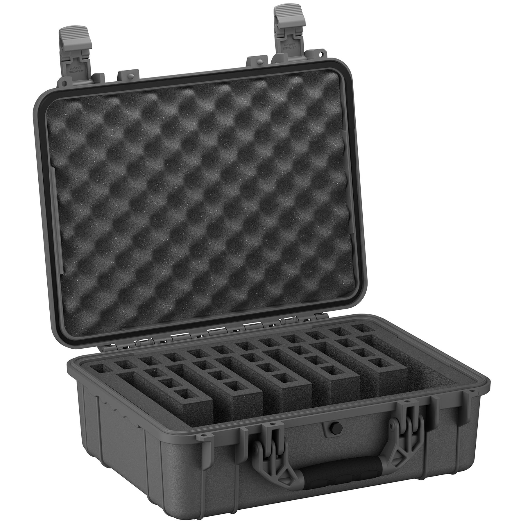 Alt text: "20-inch rugged gun case, model 227, open to show foam inserts configured to securely hold six pistols, with extra foam padding in the lid for protection."