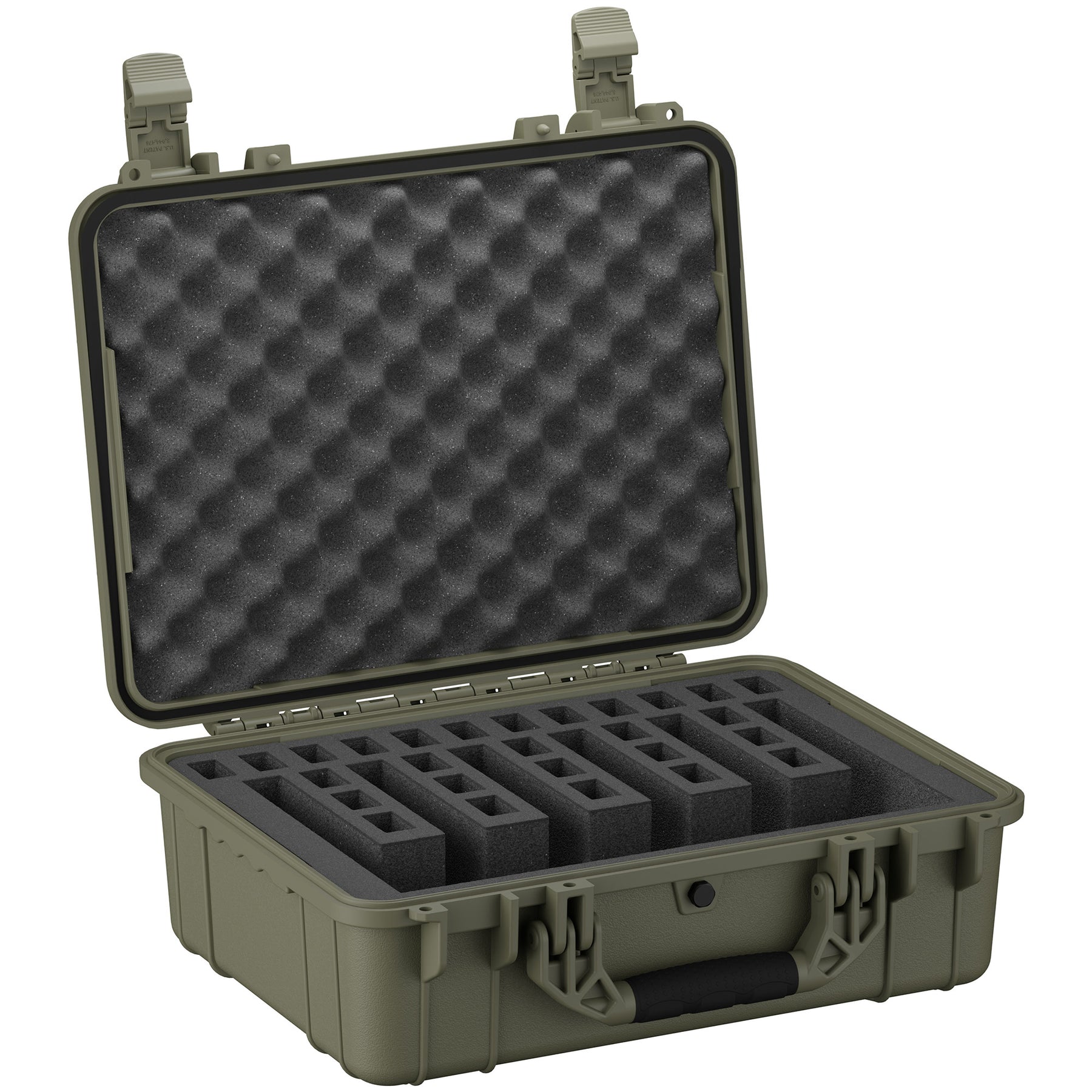 Alt text: "20-inch olive green 6 pistol storage case with open lid displaying customizable foam inserts and egg-crate foam lining in the top section for secure and organized firearm protection."
