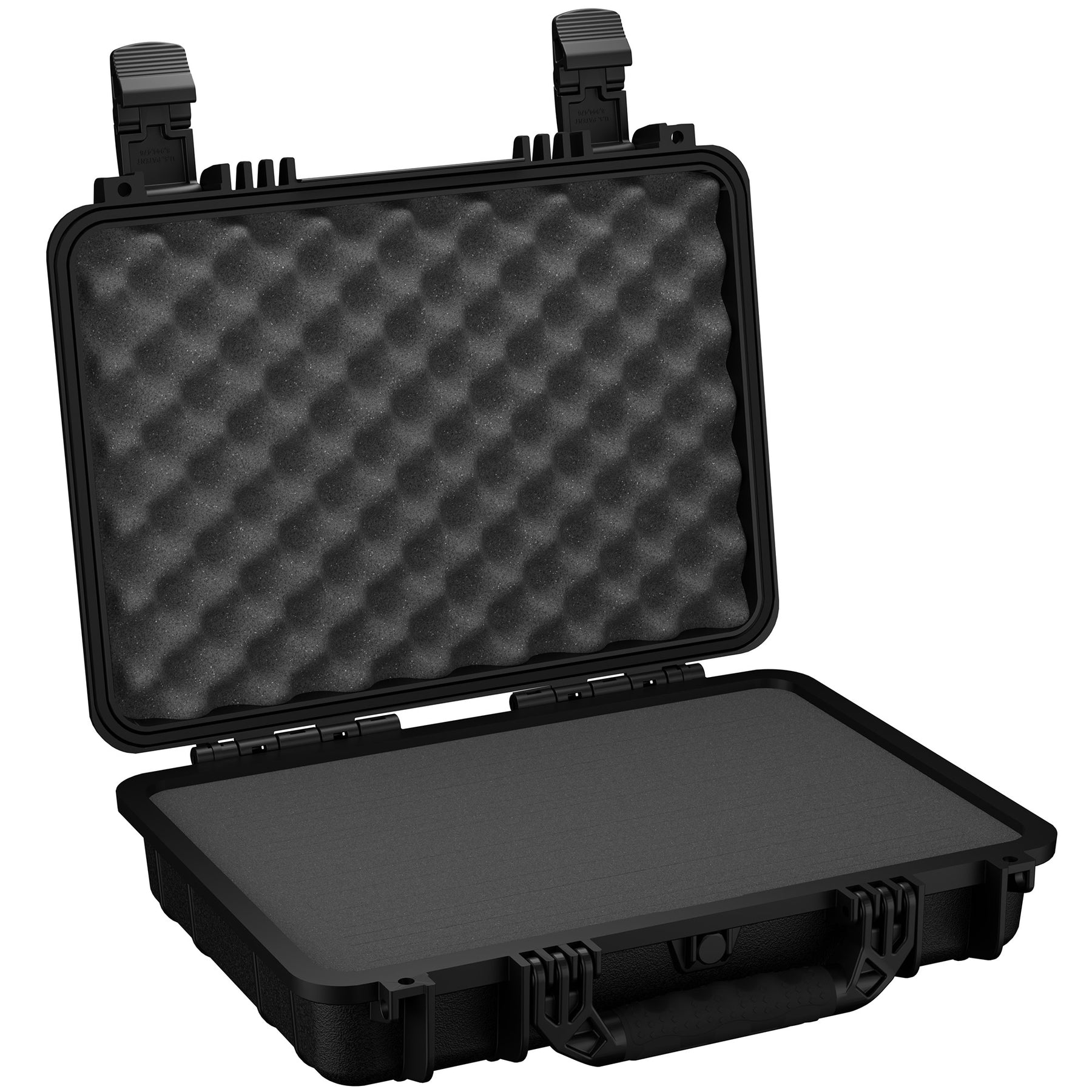 Alt text: "Black protective medium-sized case, 17 inches, open, showing its wave foam interior and sturdy double latching system."
