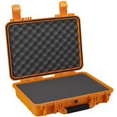 Alt text: Opened orange medium-sized protective case, 17 inches, with durable latches and black foam interior padding, model number 162.
