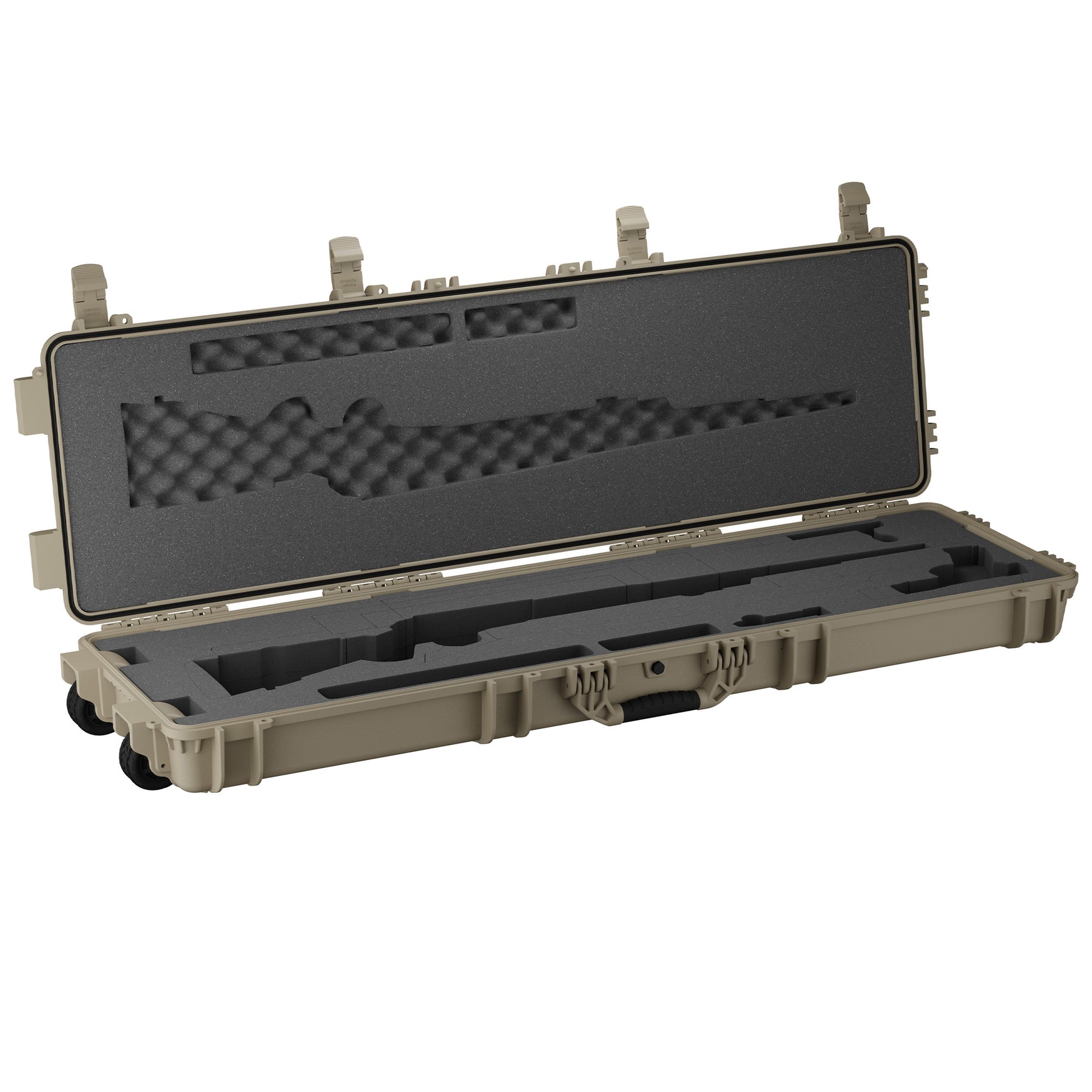 Hard-shell 55-inch gun case with foam interior for secure storage and transport of two rifles or shotguns.