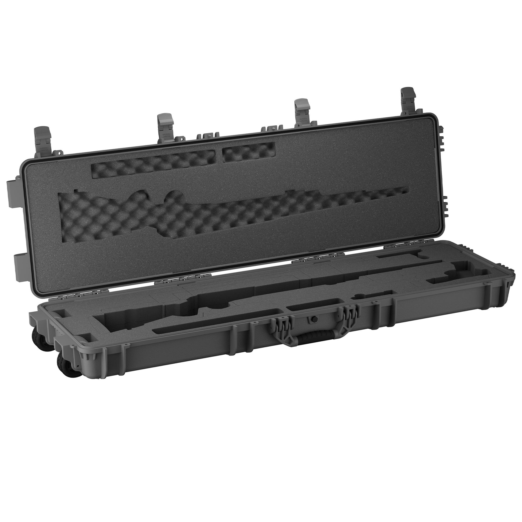 Hard black 55-inch gun case with foam padding and secure latches, designed for storing and transporting two rifles safely.