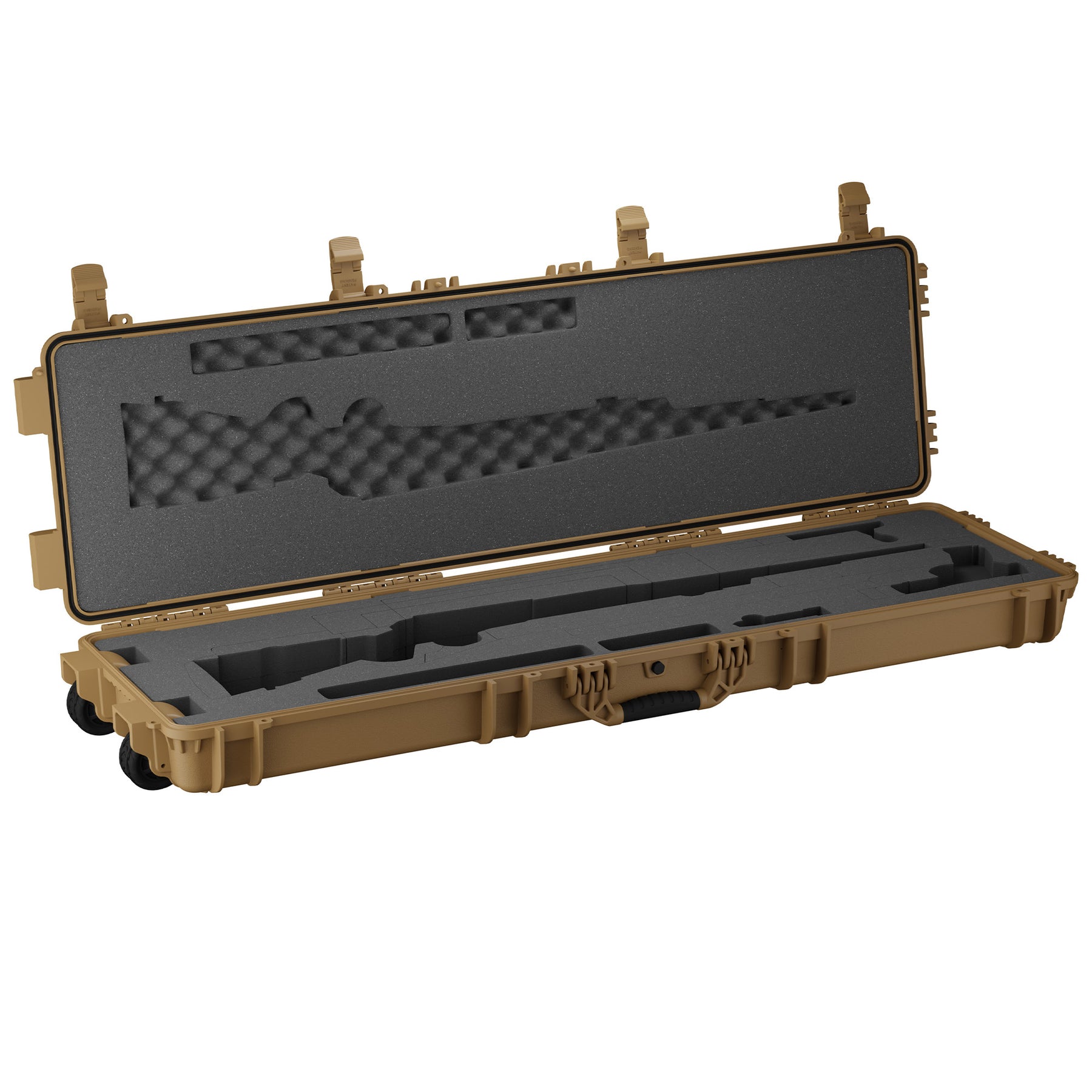 Hard brown 55-inch gun case with foam interior, designed to securely store and transport two rifles.