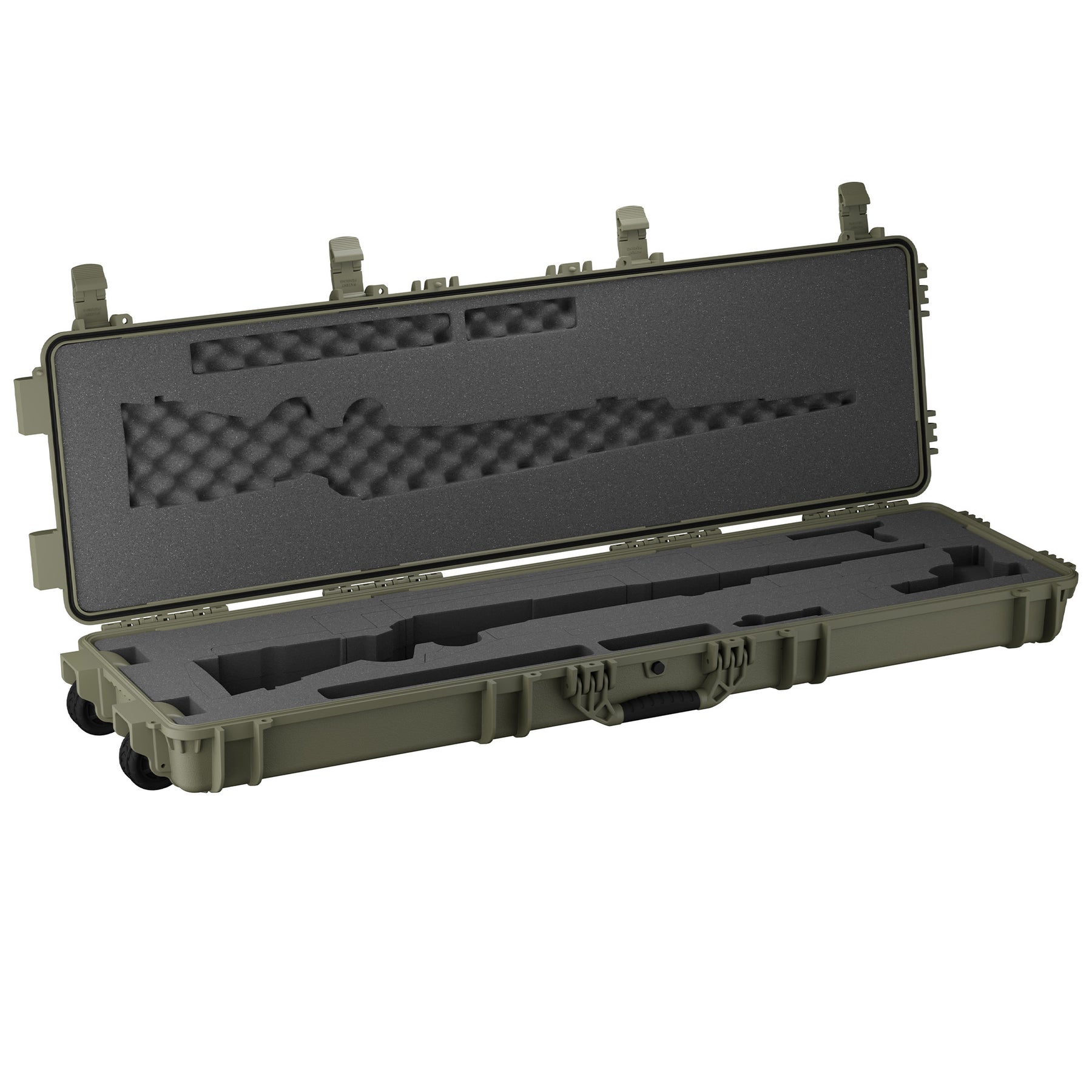 Olive green 55-inch hard gun case with foam interior, designed to hold two rifles securely during transport.