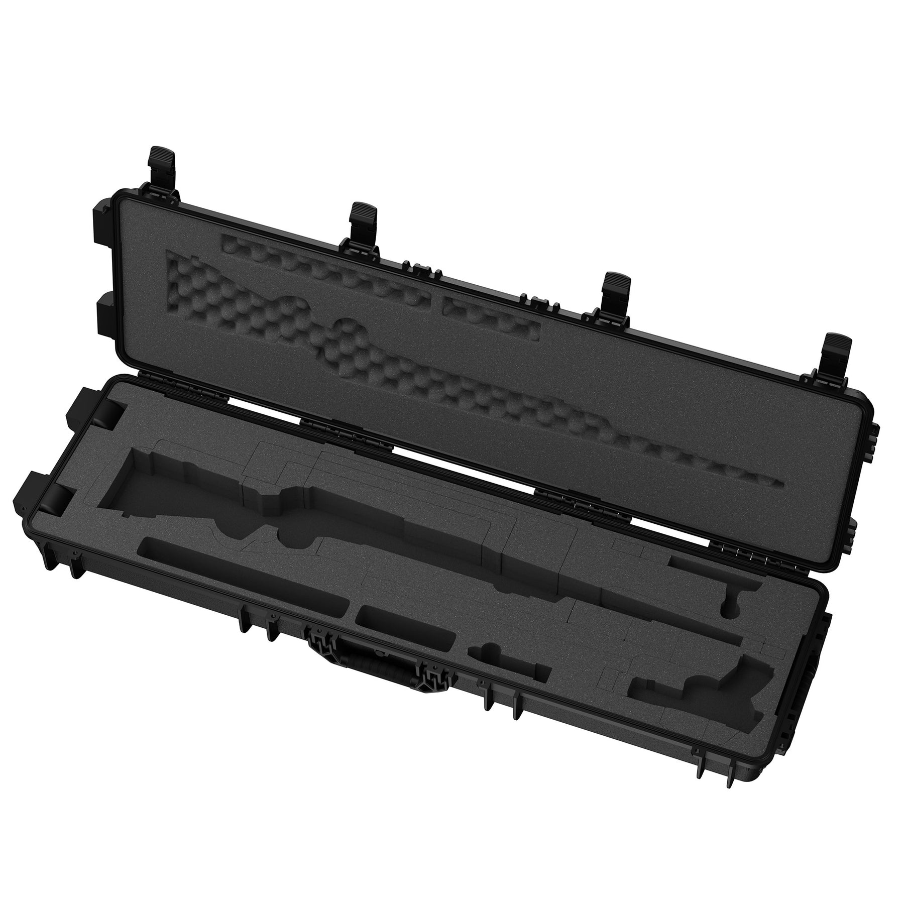 Open black 55-inch 2-gun case with foam padding and secure latches, designed for firearm storage and transport.