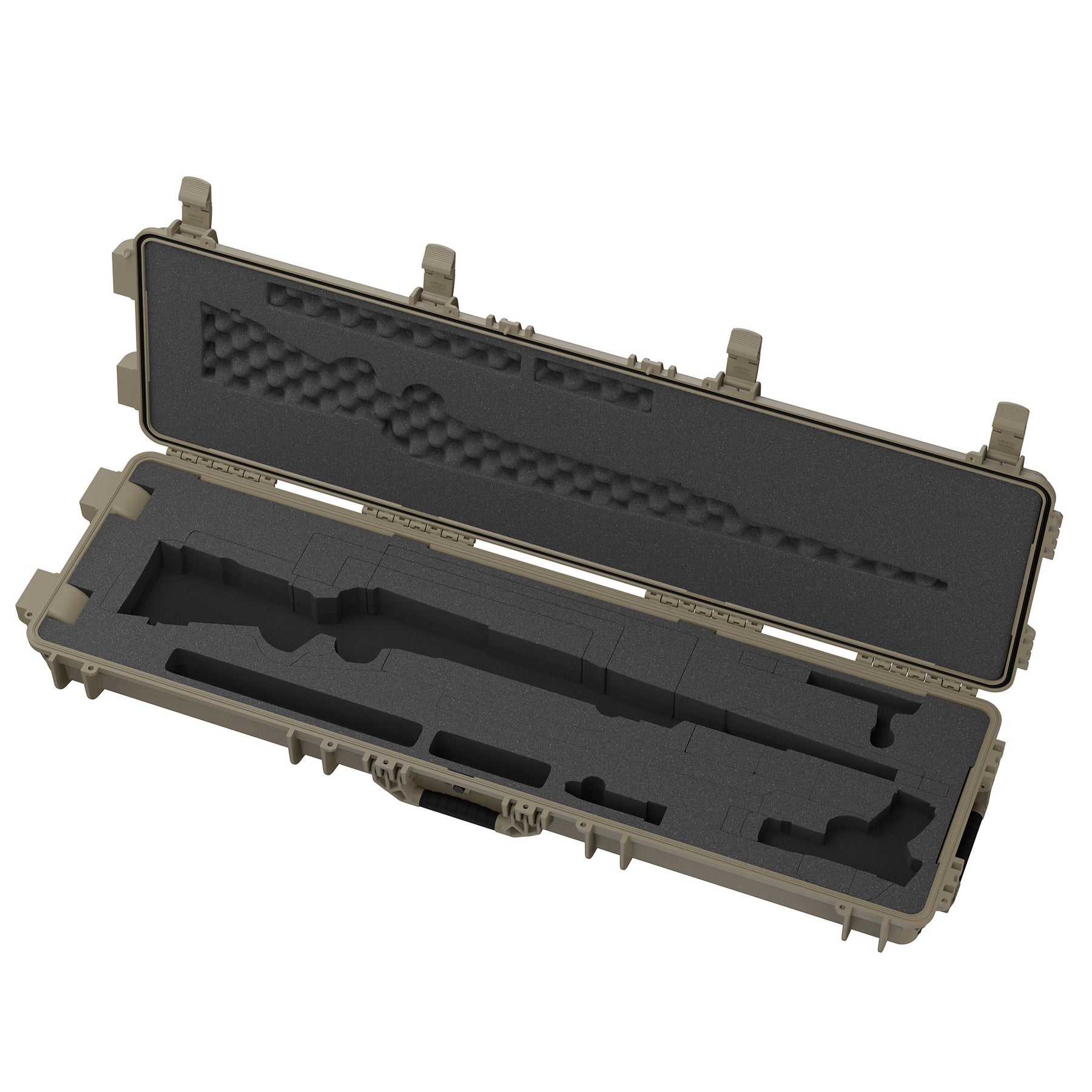 Open 55-inch tan gun case with foam interior designed for two firearms, featuring custom compartments and secure latches.