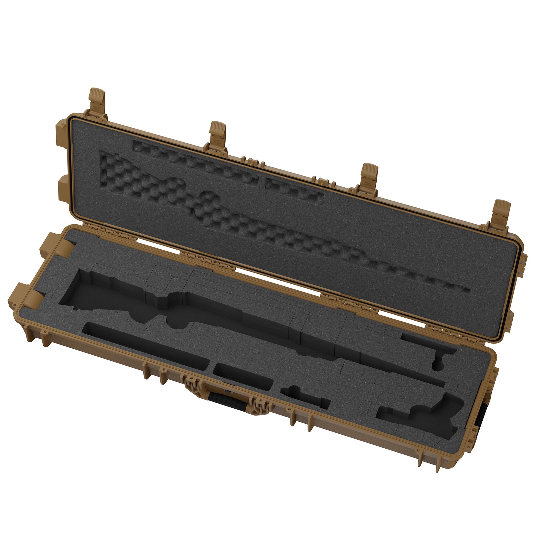 Open 55-inch tan gun case with foam interior designed to hold two firearms securely.