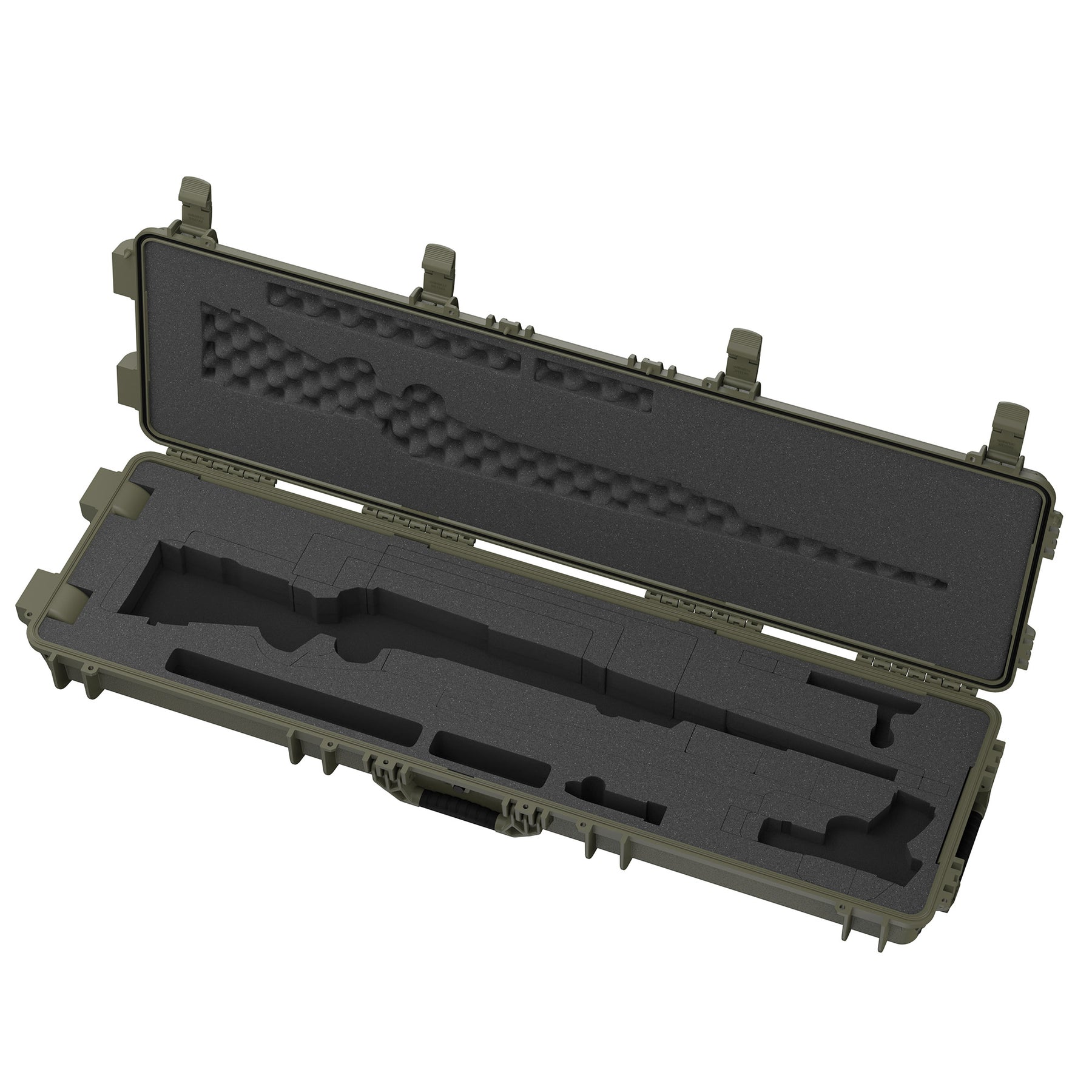 Open 55-inch green gun case with foam interior designed to hold two firearms securely.