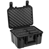 Alt text: "Open 16-inch black hard case designed for storing three revolvers, featuring customizable foam inserts and a rugged exterior, ideal for secure transportation and storage."