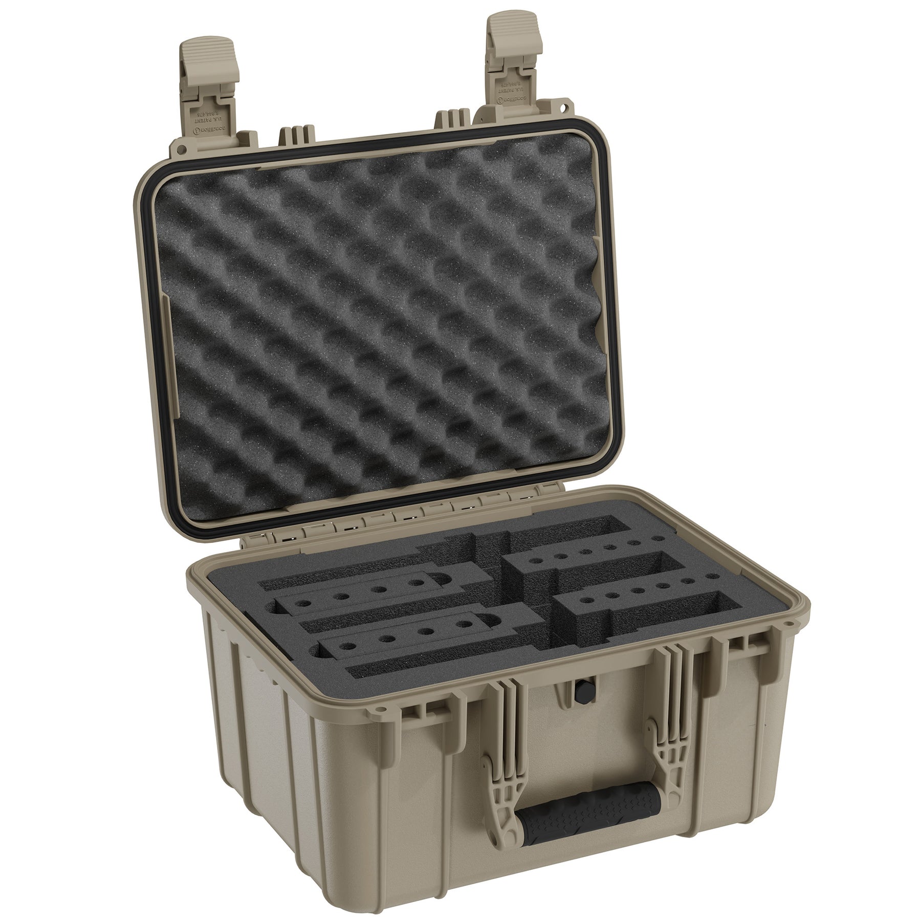Durable 16-inch gun case in army green with custom foam inserts designed for safely storing 3 revolvers, featuring secure latches and egg-crate foam padding in the lid for additional protection.