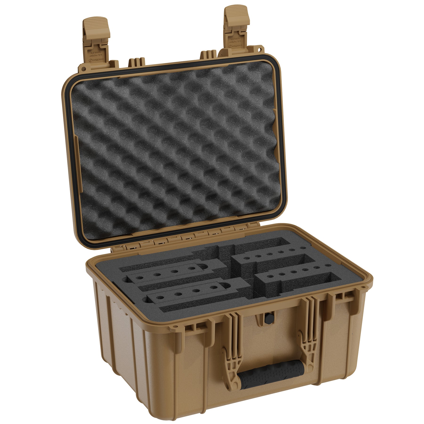 Alt text: Open tan 16-inch revolver case with custom foam inserts for three revolvers and additional compartments, featuring rugged latches and foam lined lid for secure storage.