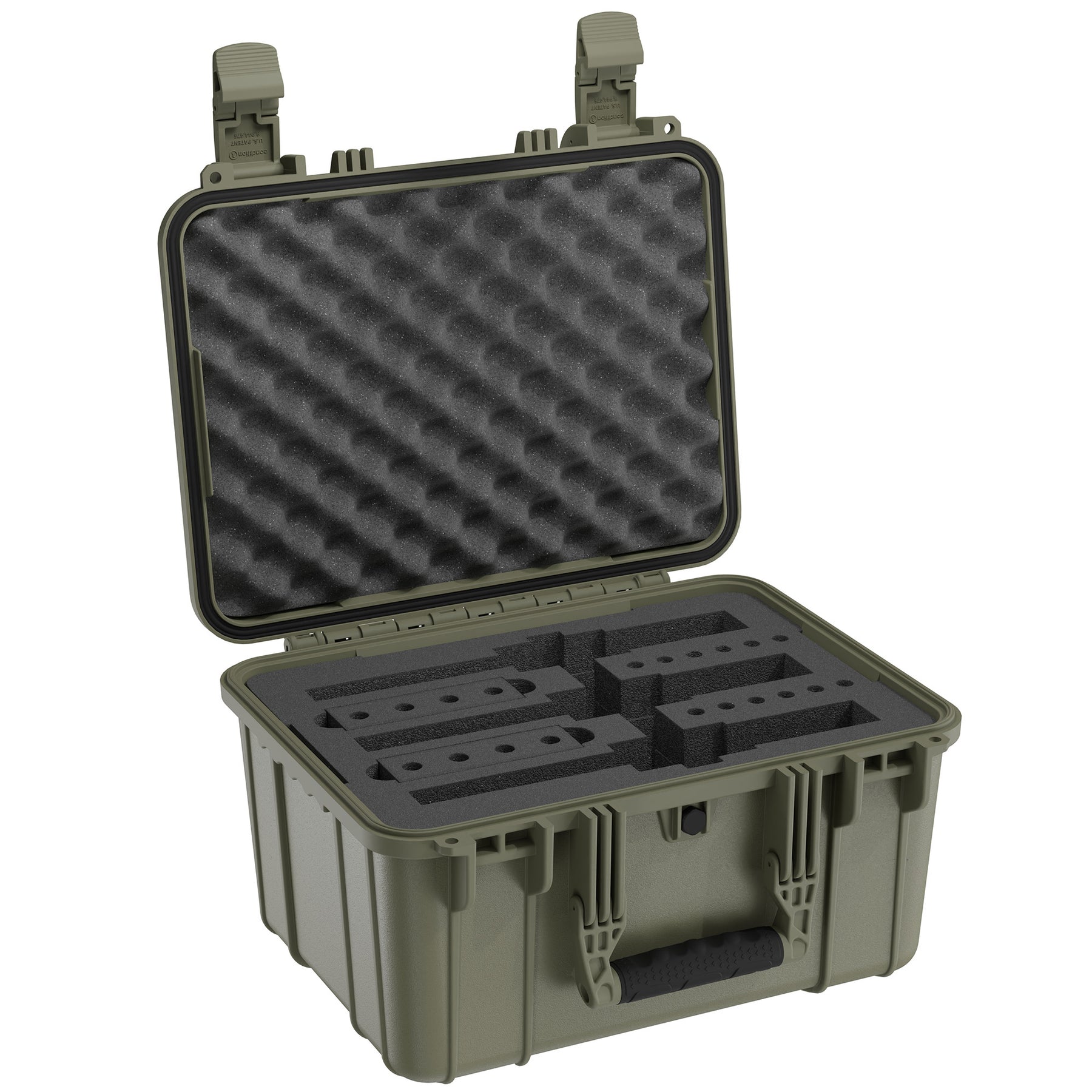 Alt text: "Open olive-green hard case designed specifically for revolvers, displaying customized foam cutouts for securely holding three 16-inch guns, featuring a rugged exterior with sturdy dual locking claps and a foam-lined lid for added protection."
