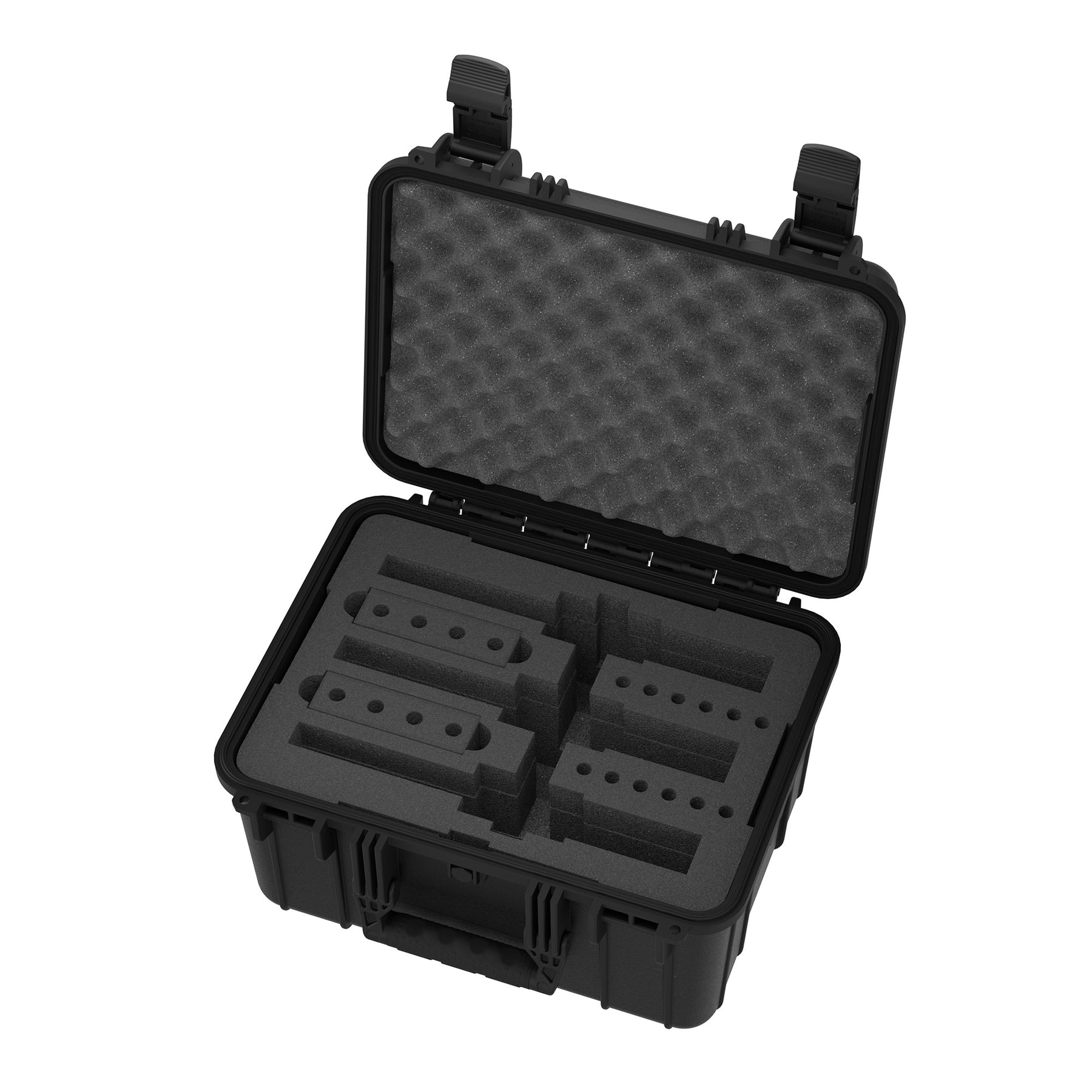 Alt text: "Open 16-inch black revolver case, model 310, displaying foam cutouts for three revolvers, with dual locking latches, designed for secure transportation and storage."