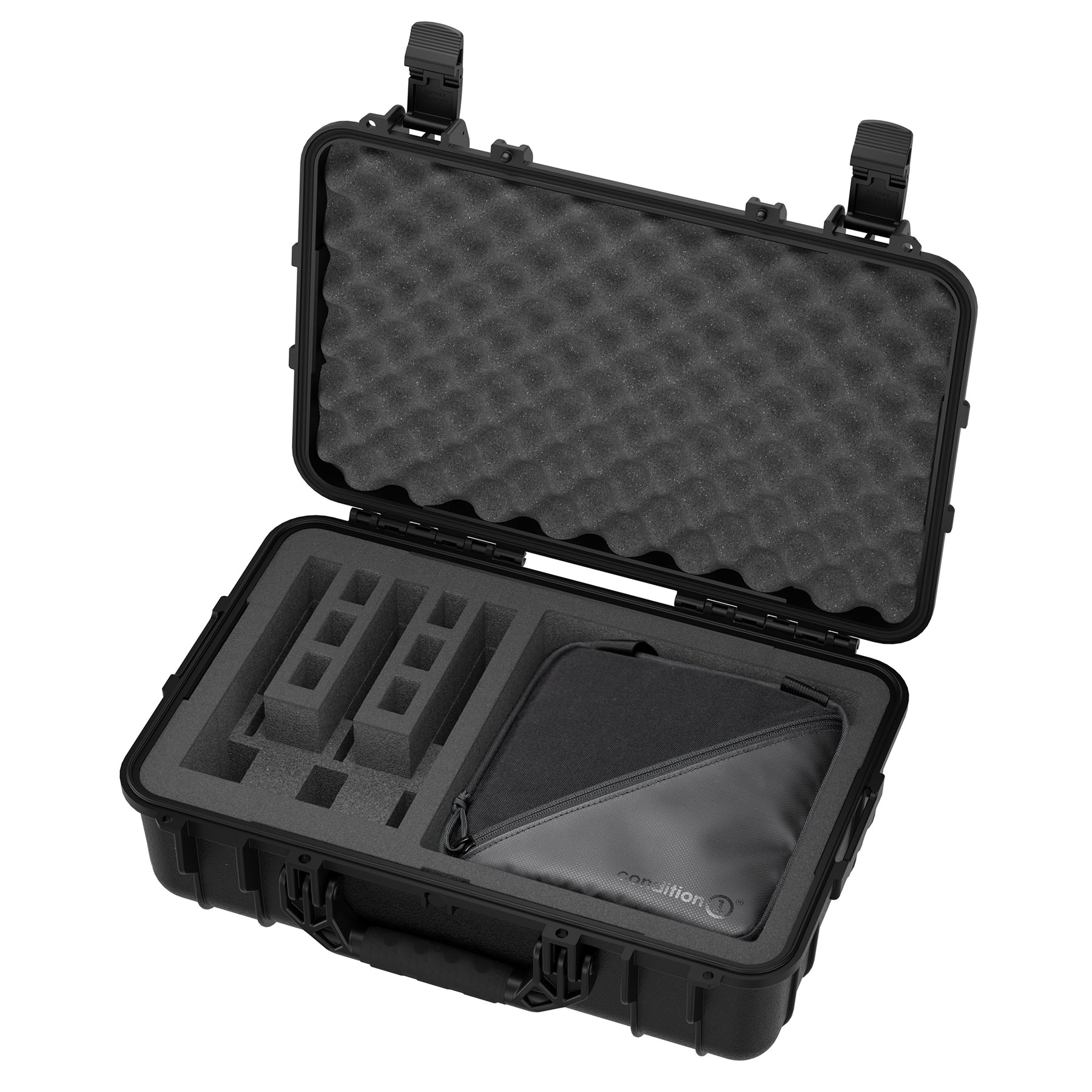 Open black hard case with foam padding, foam inserts for three pistols, and a zippered pouch inside, designed for firearm storage and transport.
