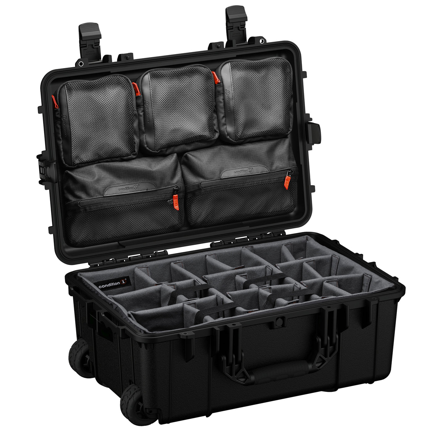 Durable 24-inch hard case with customizable foam interior and mesh pockets, designed for secure gear storage and transport.