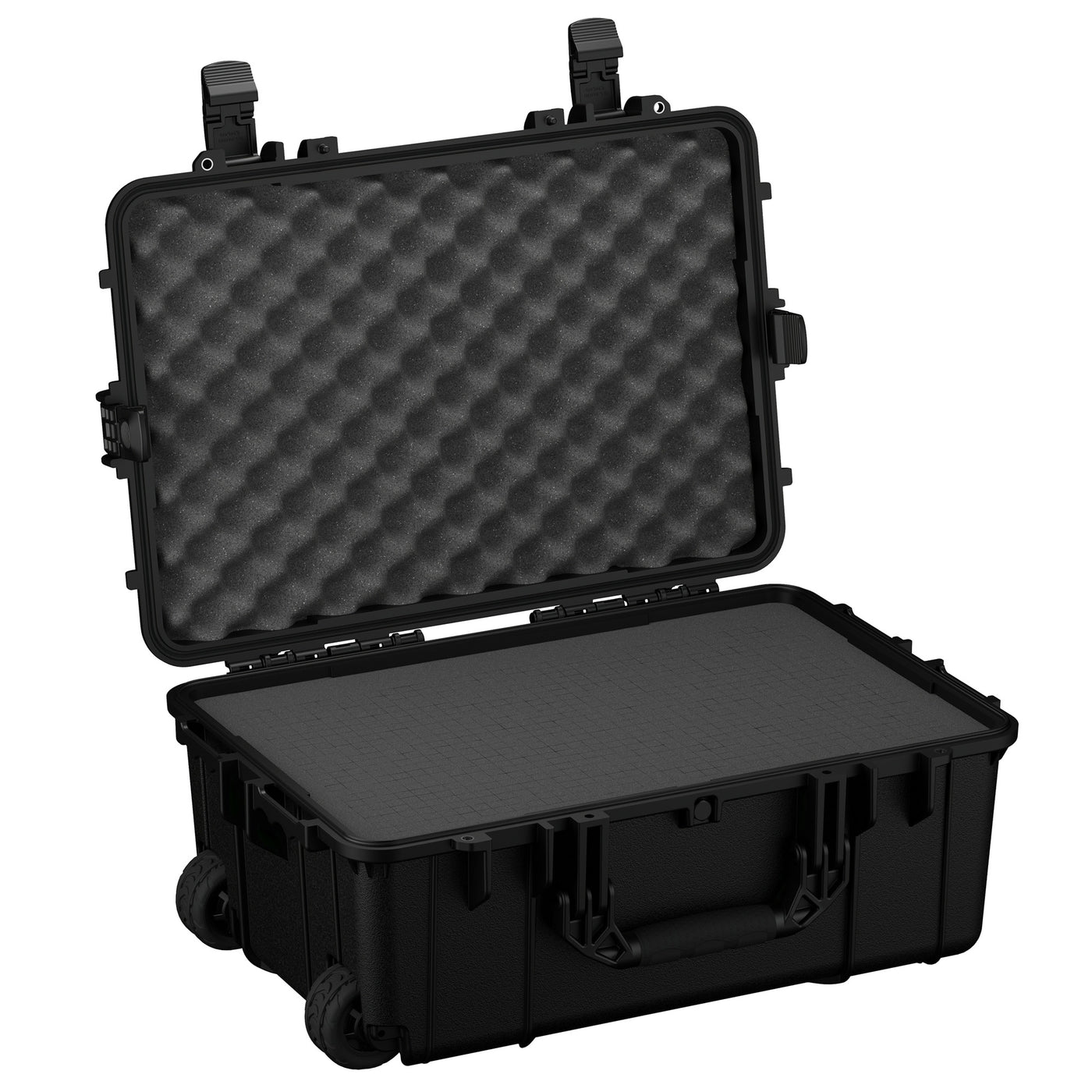 Alt text: "24-inch large black protective case with wheels, model #305, shown open with foam interior visible. This rugged case features dual latches and handles for secure transport."