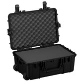 Alt text: "24-inch large black protective case with wheels, model #305, shown open with foam interior visible. This rugged case features dual latches and handles for secure transport."