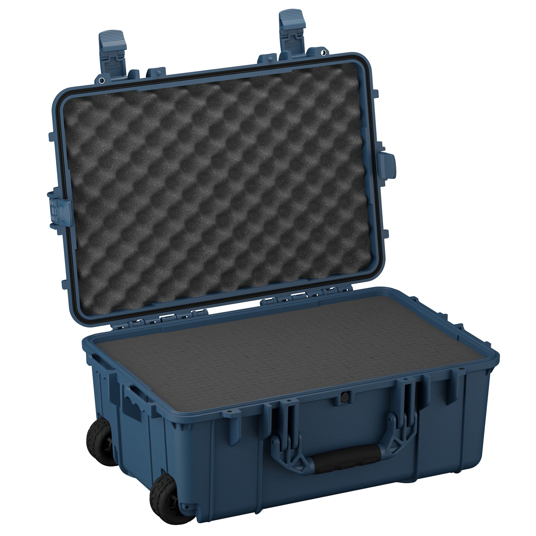 Alt text: "Open 24-inch large blue protective case with sturdy wheels and dual locking latches, featuring a foam-lined interior for secure equipment storage."
