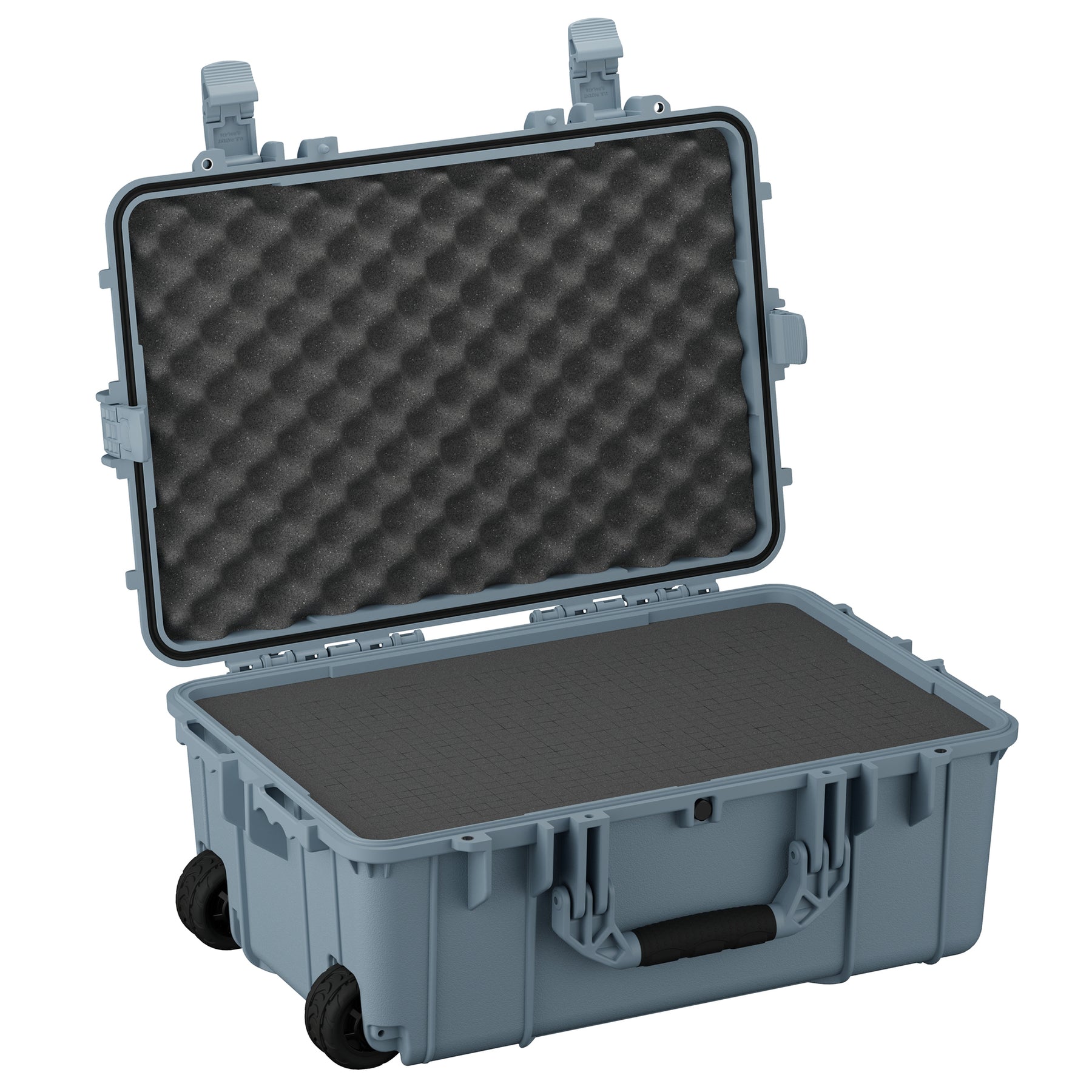 Alt text: "Open 24-inch large protective case with wheels and foam inserts for durability and shock absorption, featuring sturdy handles and secure clasps, in a gray color."