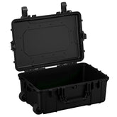 Alt text: "Open large black protective case, model #305, 24 inches, featuring rugged wheels and dual locking clasps, with a durable handle and a reinforced hexagonal pattern on the lid."