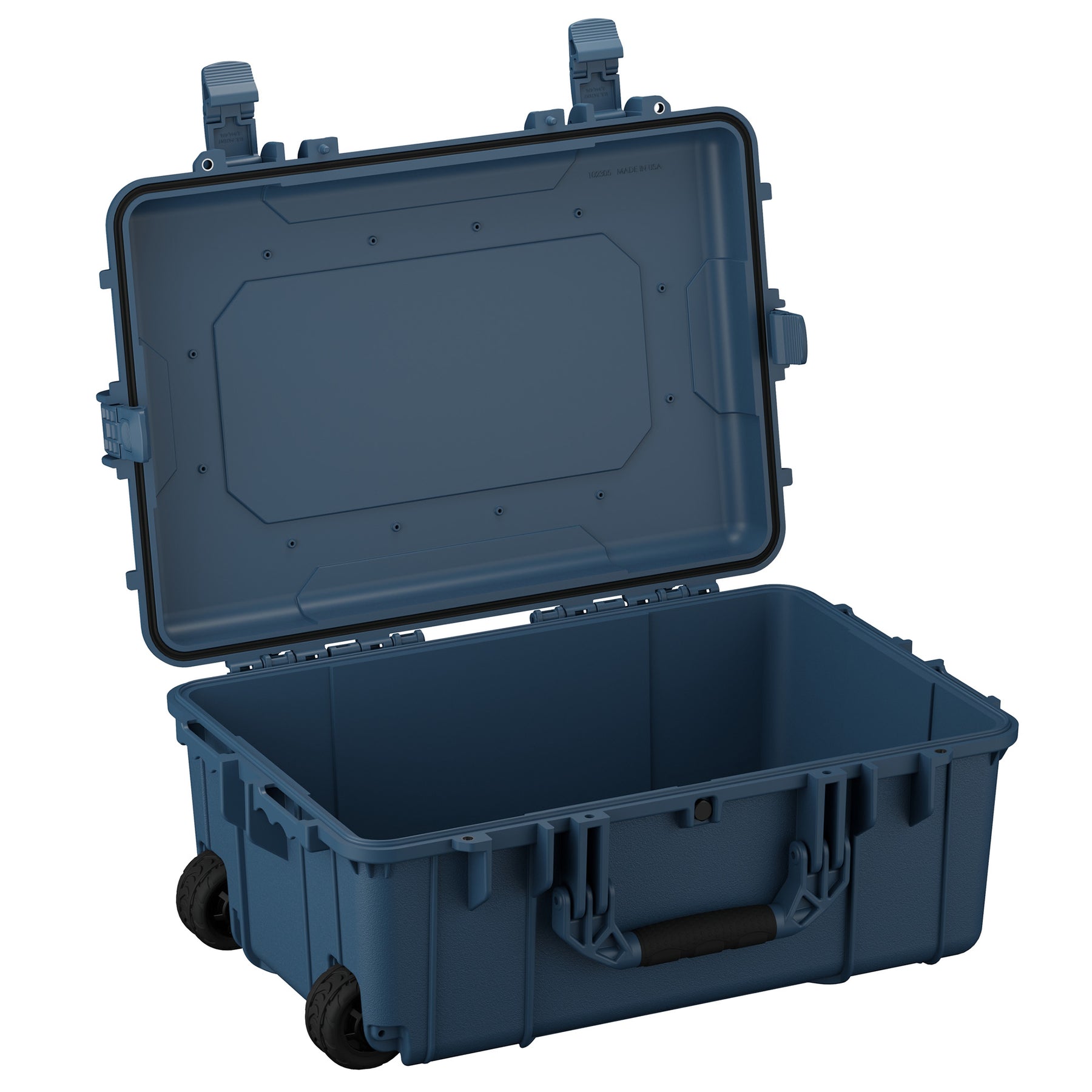 Alt text: "Open view of a deep blue 24-inch large protective hard case with wheels, showcasing sturdy latches and a handle, model number 305."