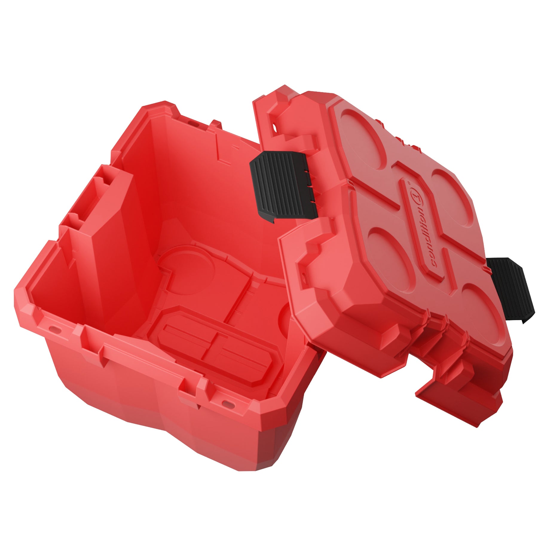Red 18-inch Sportsman Cube hard case with a removable lid, designed for durable storage and transport of gear.