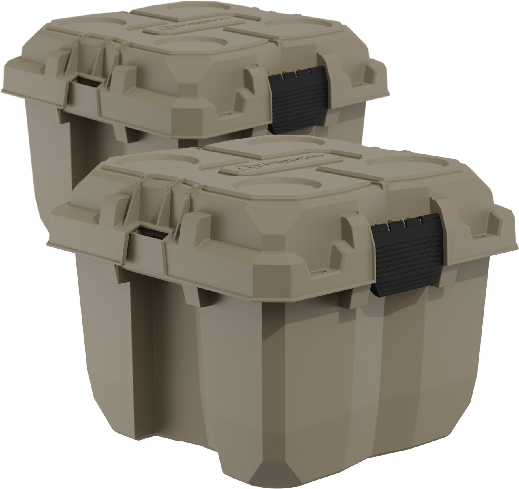 Two 18-inch Sportsman Cube hard cases in tan, designed for waterproof and dustproof storage of gear and equipment.