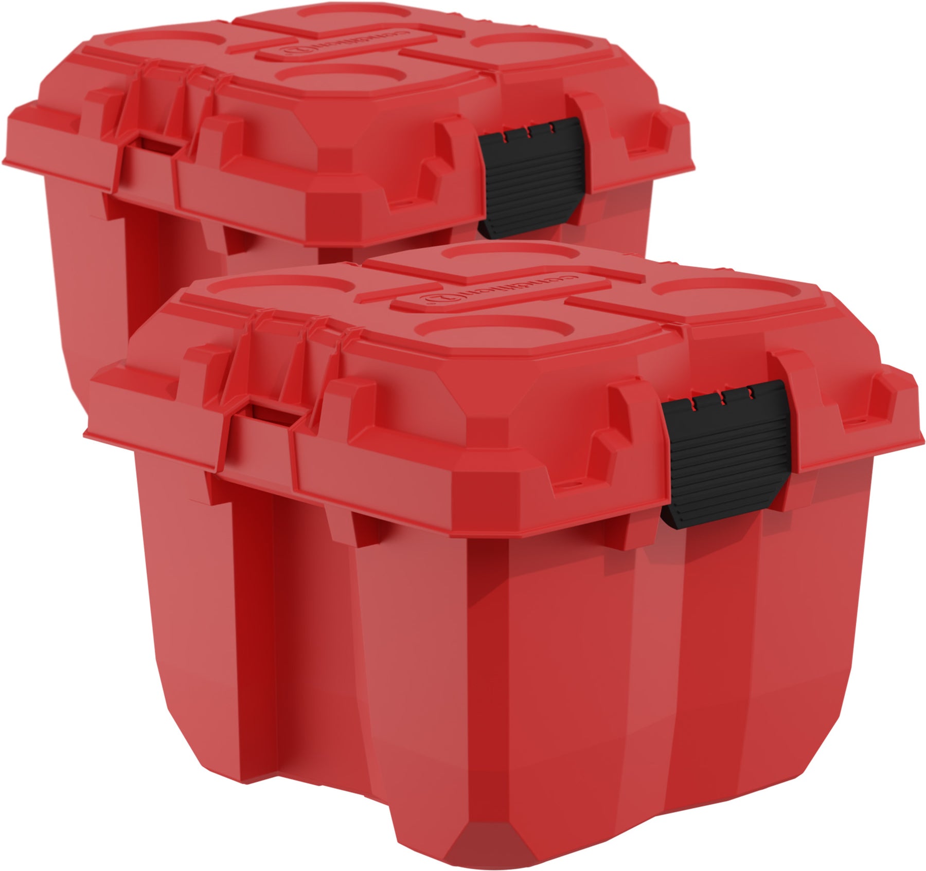 Two red 18-inch Sportsman Cube storage containers with secure latches, designed for durable and versatile storage solutions.