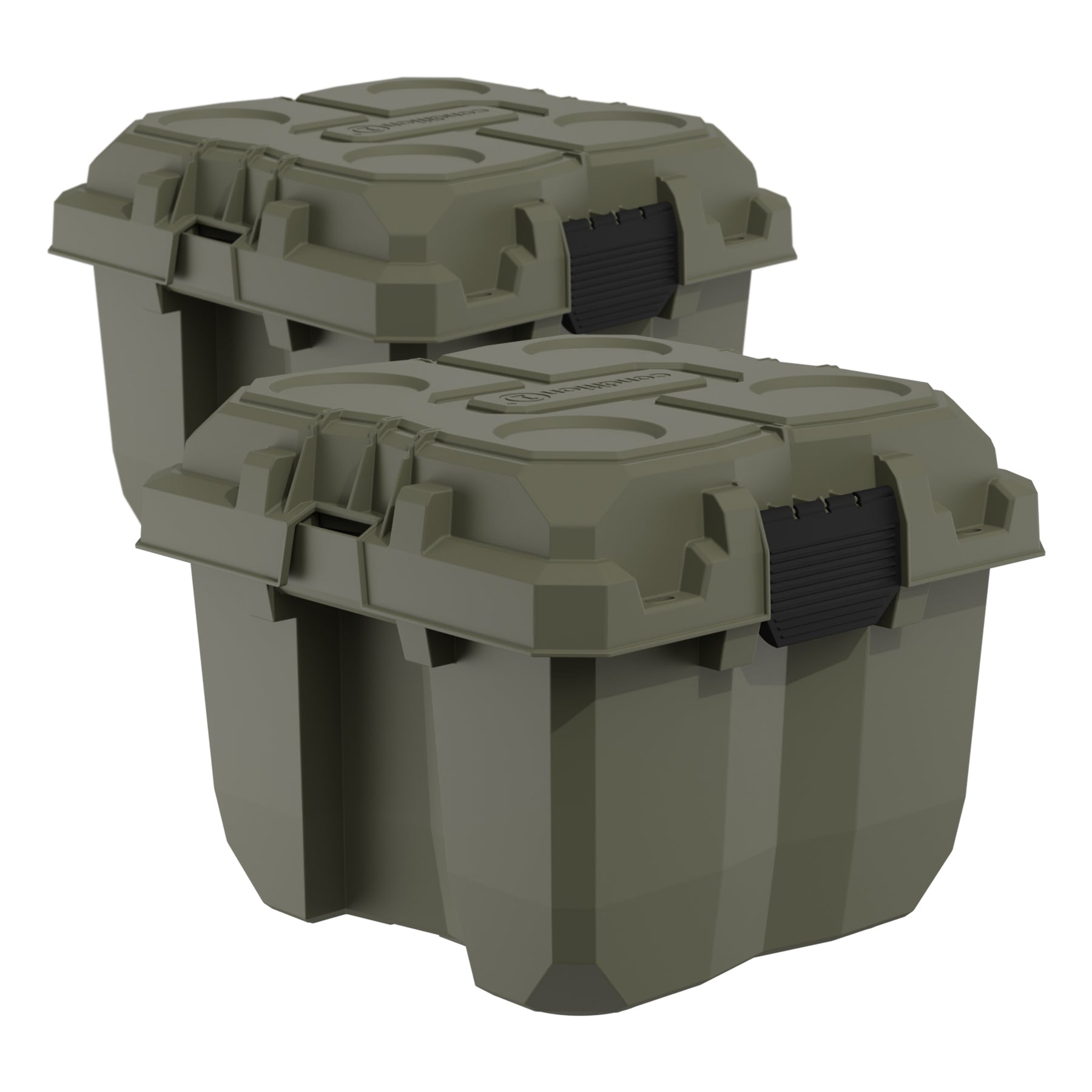 Durable 18-inch Sportsman Cube storage containers in olive green, designed for waterproof and dustproof protection.
