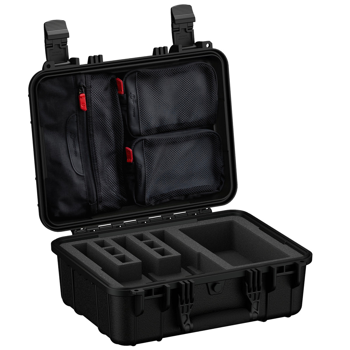 Durable 16-inch hard case designed for securely storing three pistols with customizable foam inserts and accessory pockets.