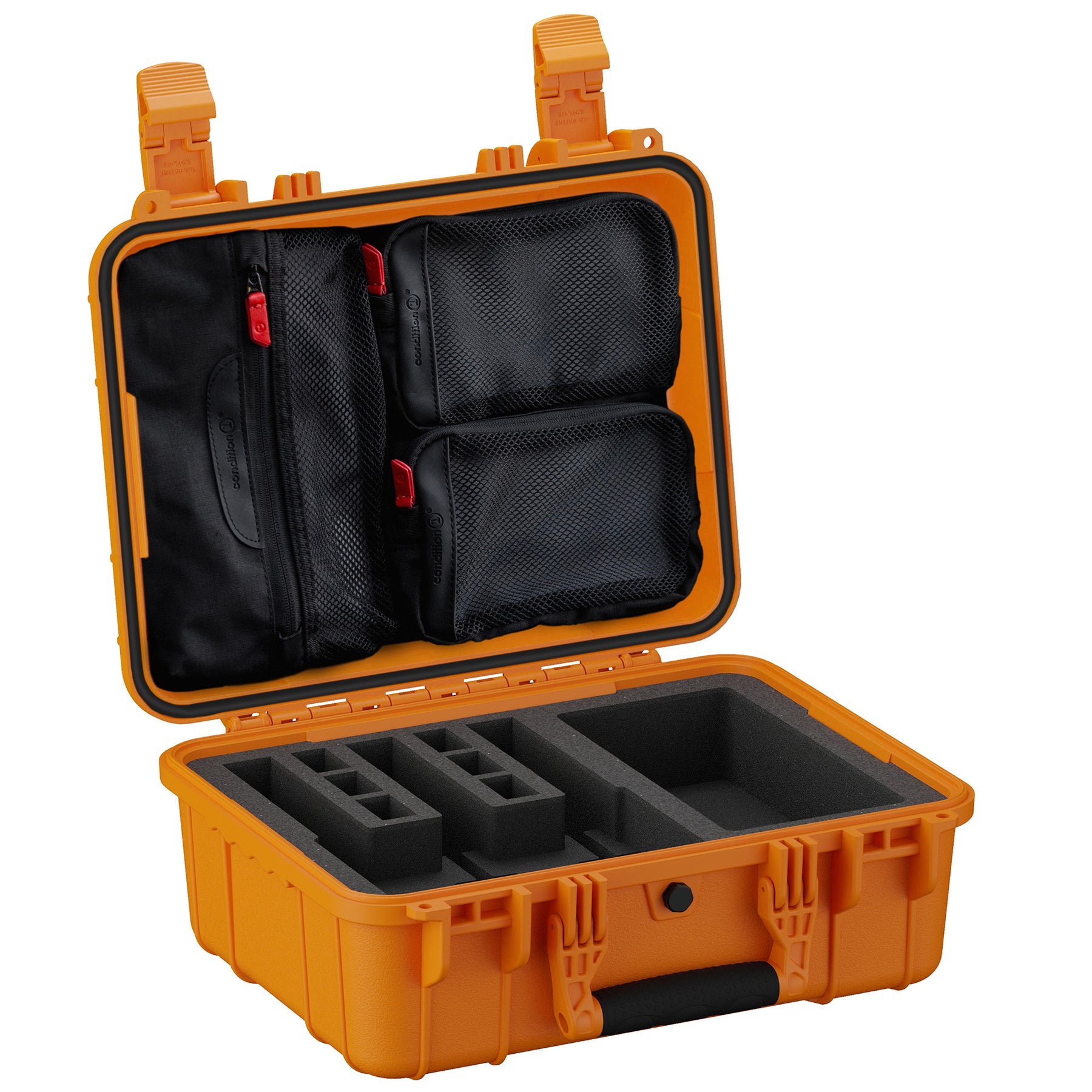Durable 16-inch hard case with foam inserts and mesh pockets for secure storage of three pistols and accessories.