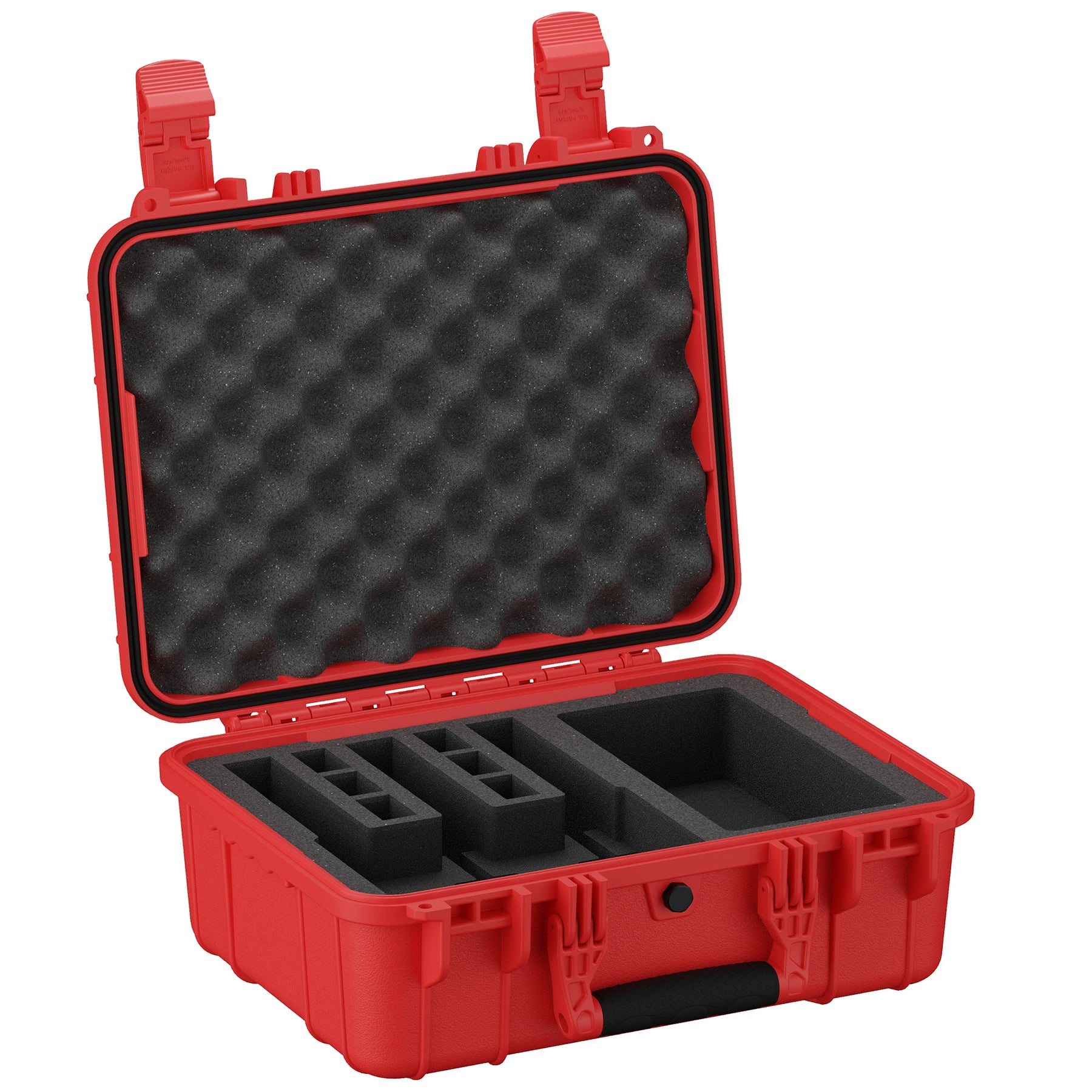 Durable 16-inch red pistol case with foam interior, designed for secure storage and transport of three handguns.