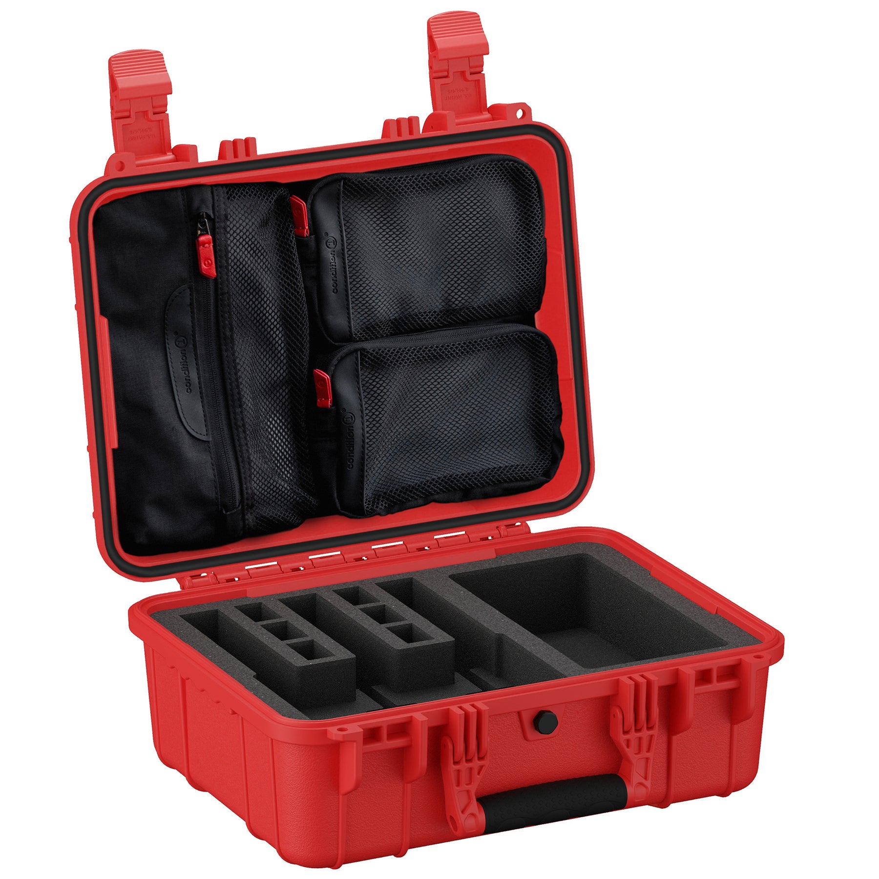 Durable 16-inch red pistol case with foam inserts and mesh pockets for secure storage and transport of firearms.