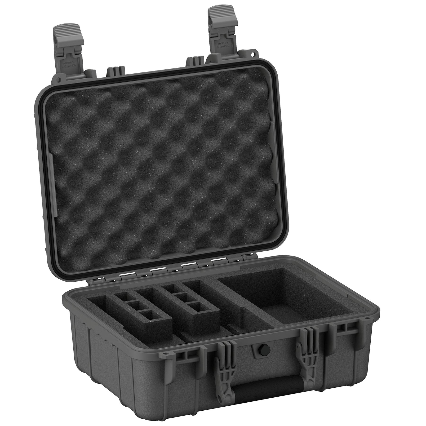 Durable 16-inch hard case for three pistols, featuring customizable foam inserts and secure latches for protection.